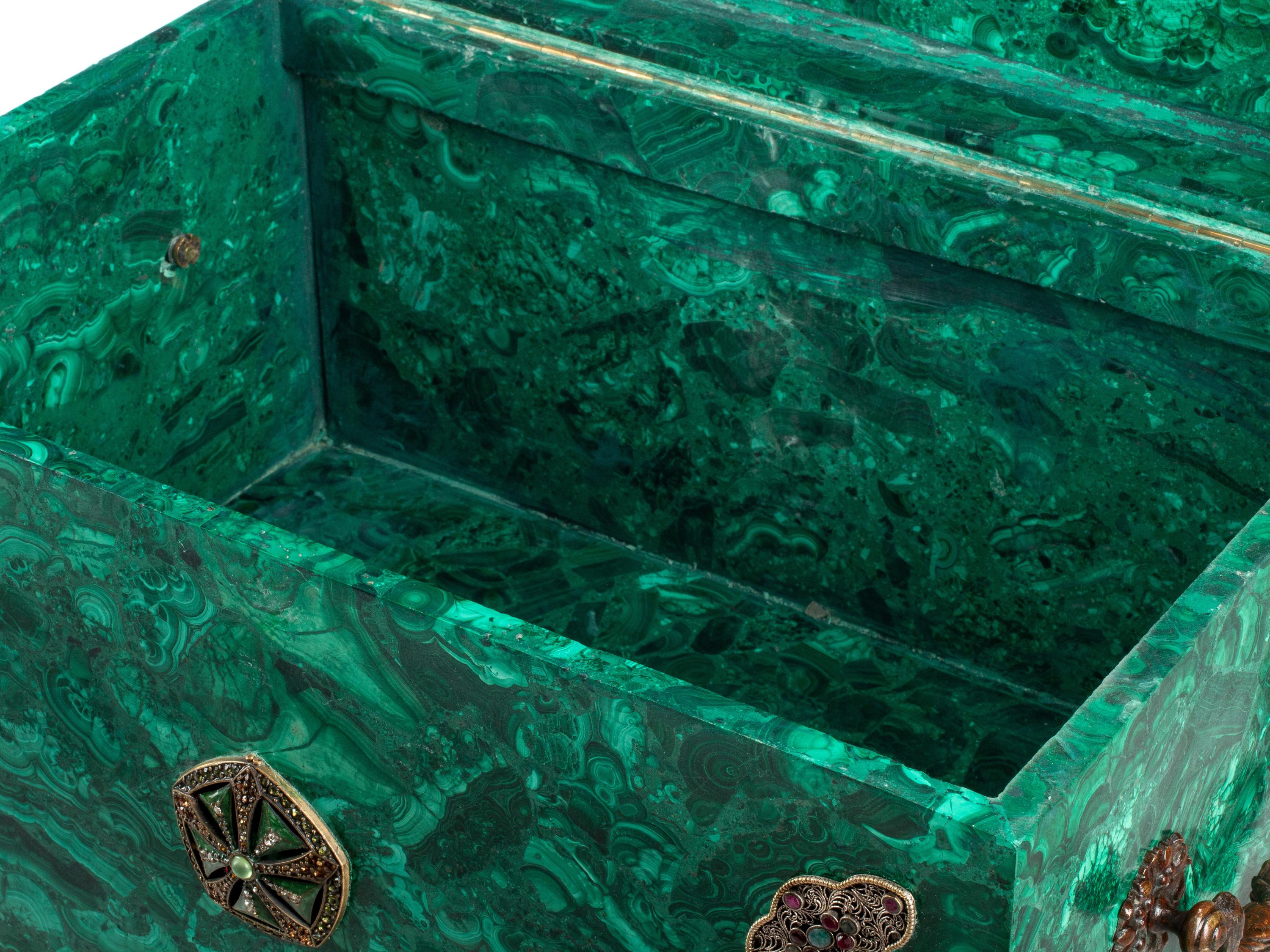 A Large Jeweled Malachite Casket on Stand