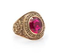 A 10 Karat Yellow Gold and Synthetic Ruby Class Ring, Circa 1951, 7.10 dwts.