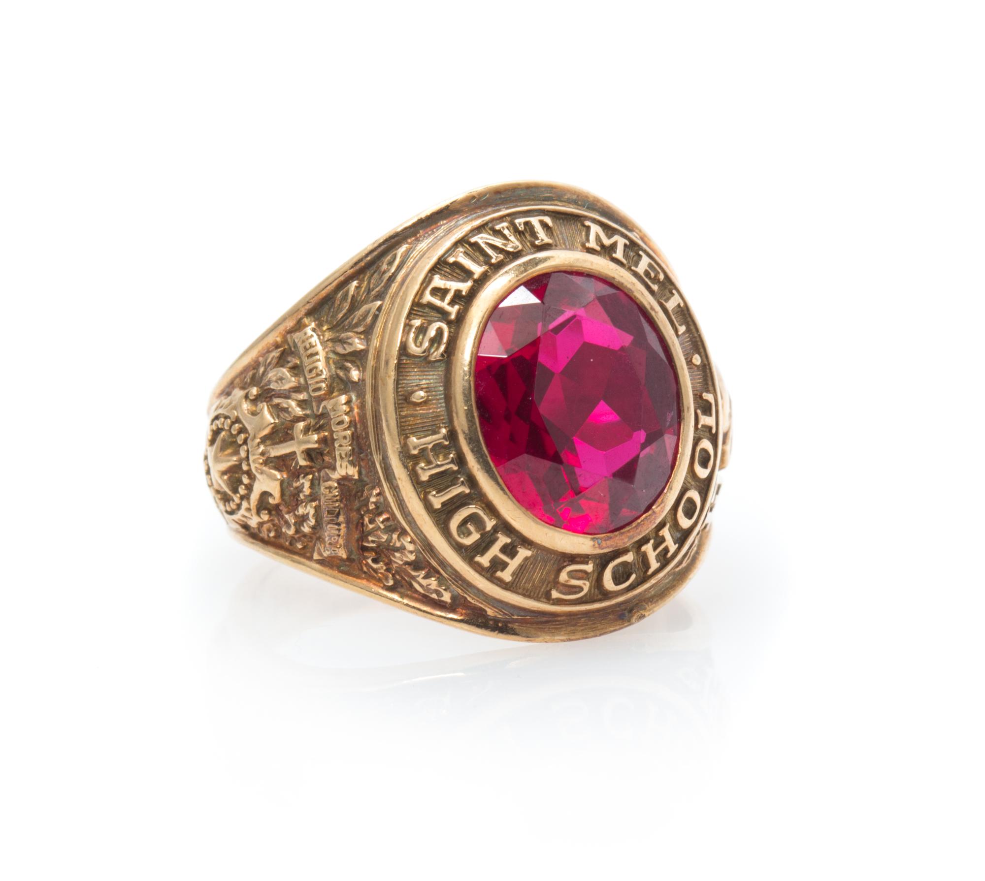 A 10 Karat Yellow Gold and Synthetic Ruby Class Ring, Circa 1951, 7.10 dwts.