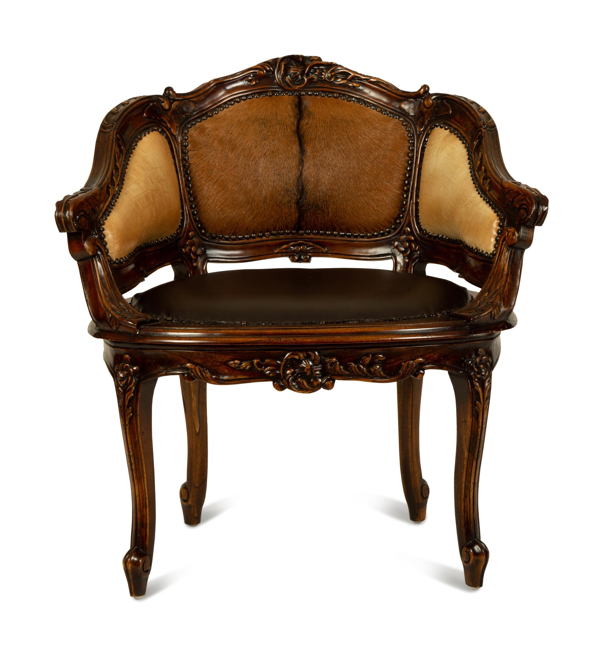A Louis XV Style Haircalf Leather Upholstered Bergere — 20TH CENTURY