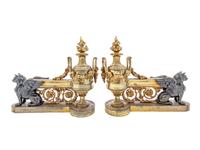 A Pair of Empire Style Gilt and Patinated Bronze Chenets