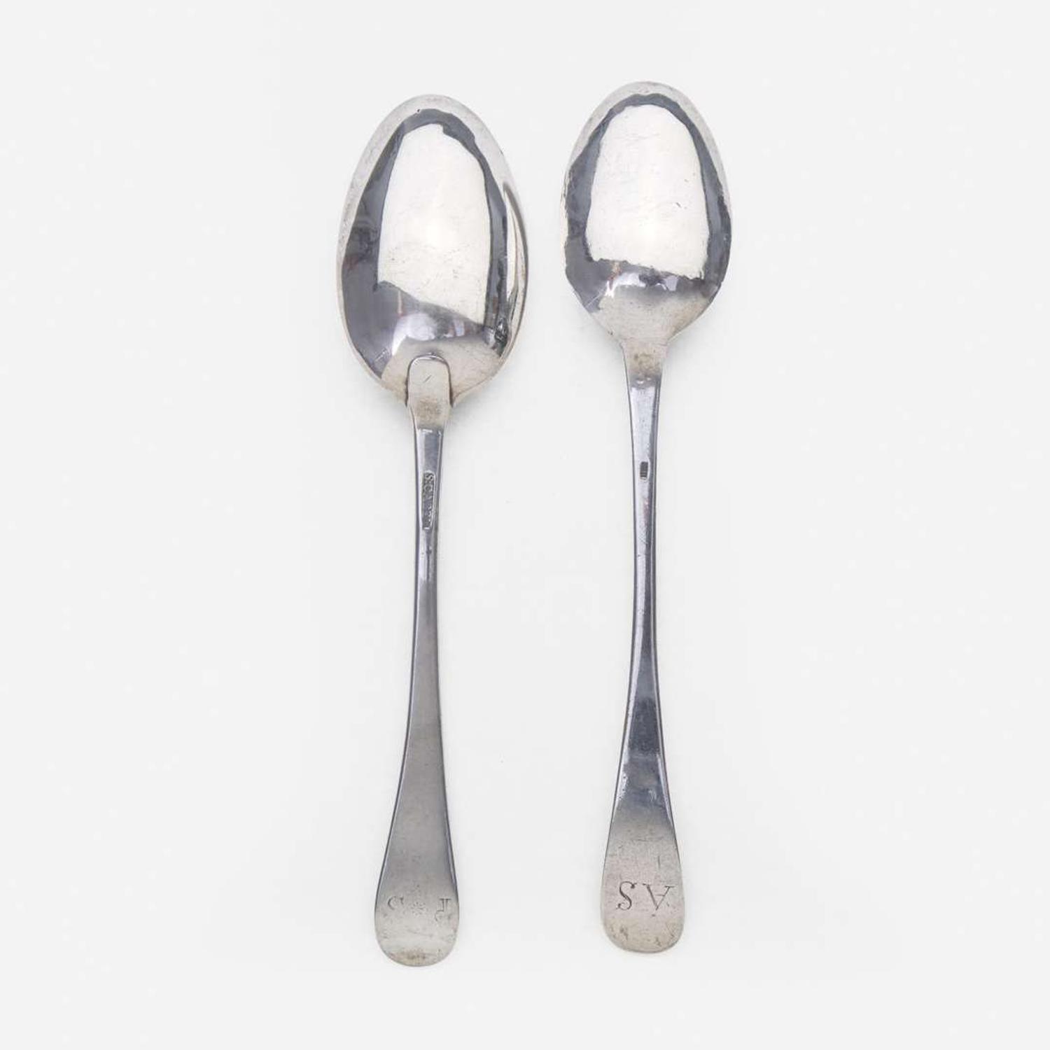 Two silver tablespoons Samuel Casey (c. 1724-1773), Little Rest, RI, and Elias Davis (c. 1746-1783), Newburyport, MA, circa 1760 and 1765