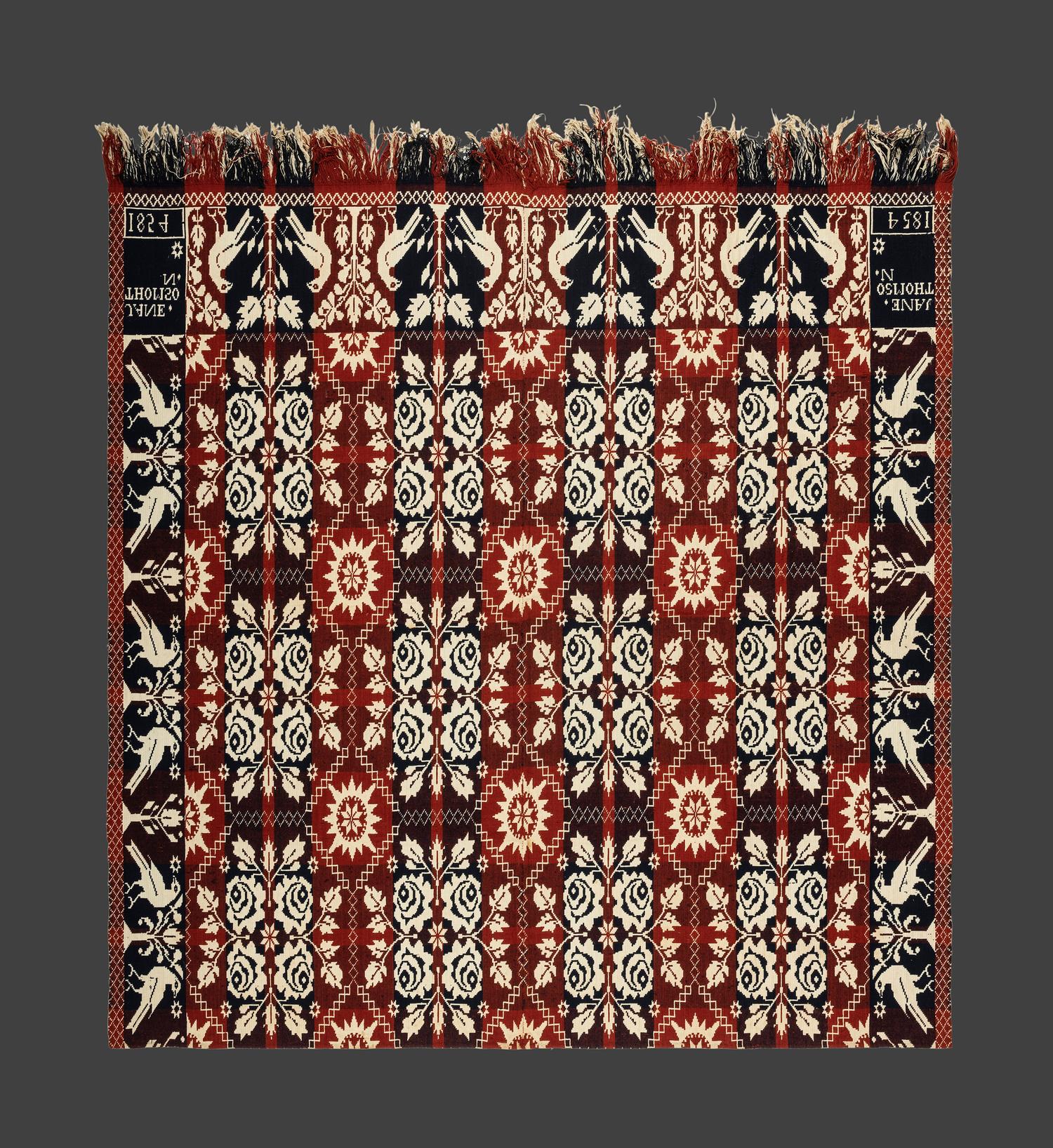 A Double Rose and Bird Pattern Jacquard Coverlet