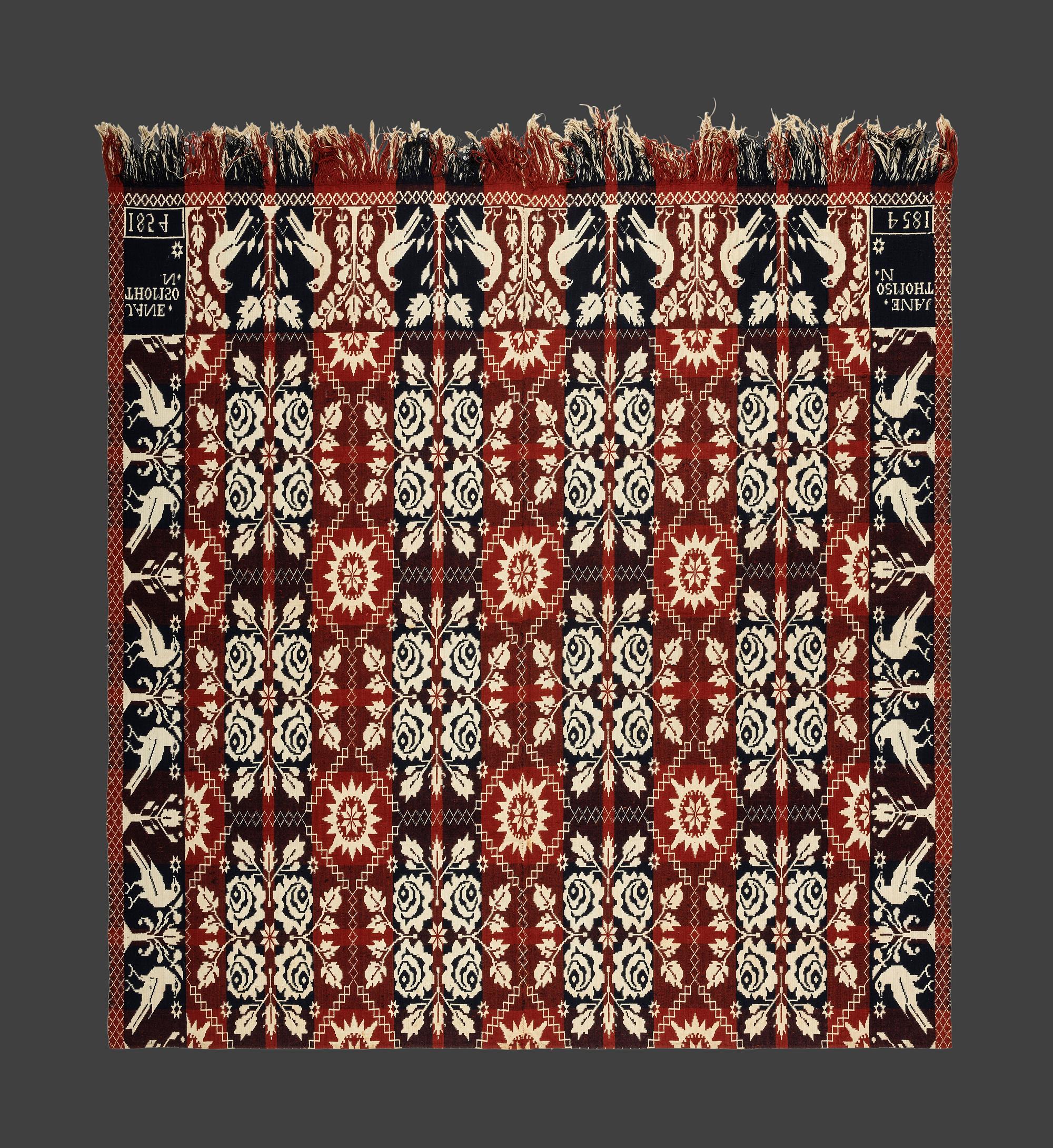 A Double Rose and Bird Pattern Jacquard Coverlet