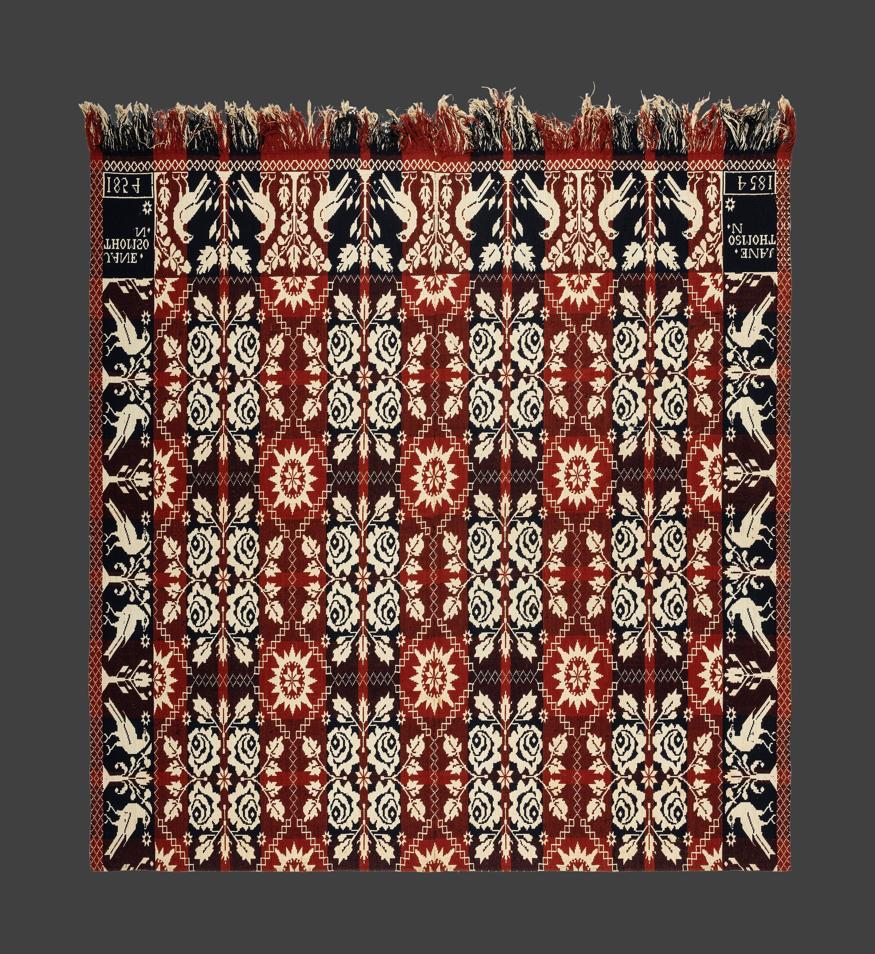 A Double Rose and Bird Pattern Jacquard Coverlet