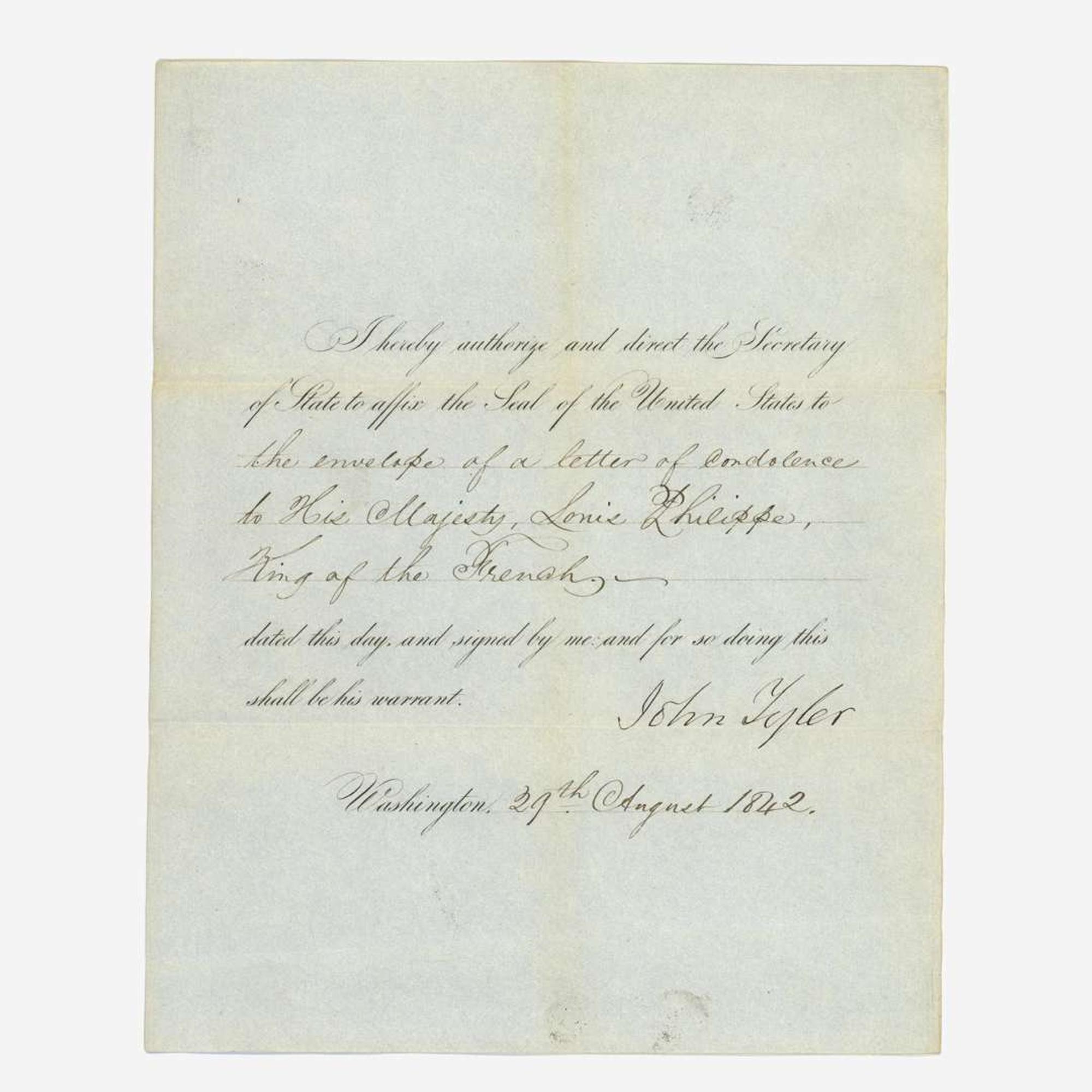 [Presidential] Tyler, John Partially-Printed Document, signed