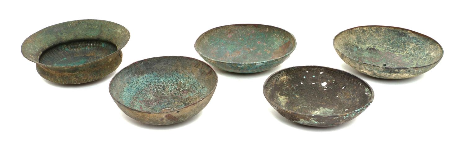 Five Middle Eastern Bronze Bowls, Diameter of largest 6 1/2 inches.