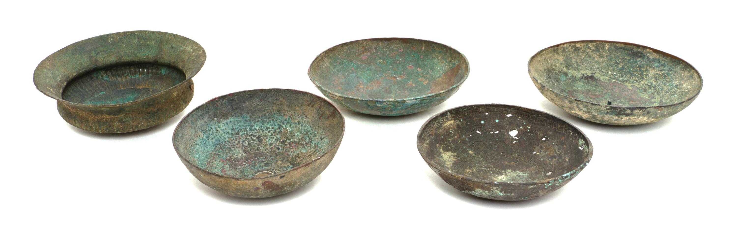 Five Middle Eastern Bronze Bowls, Diameter of largest 6 1/2 inches.
