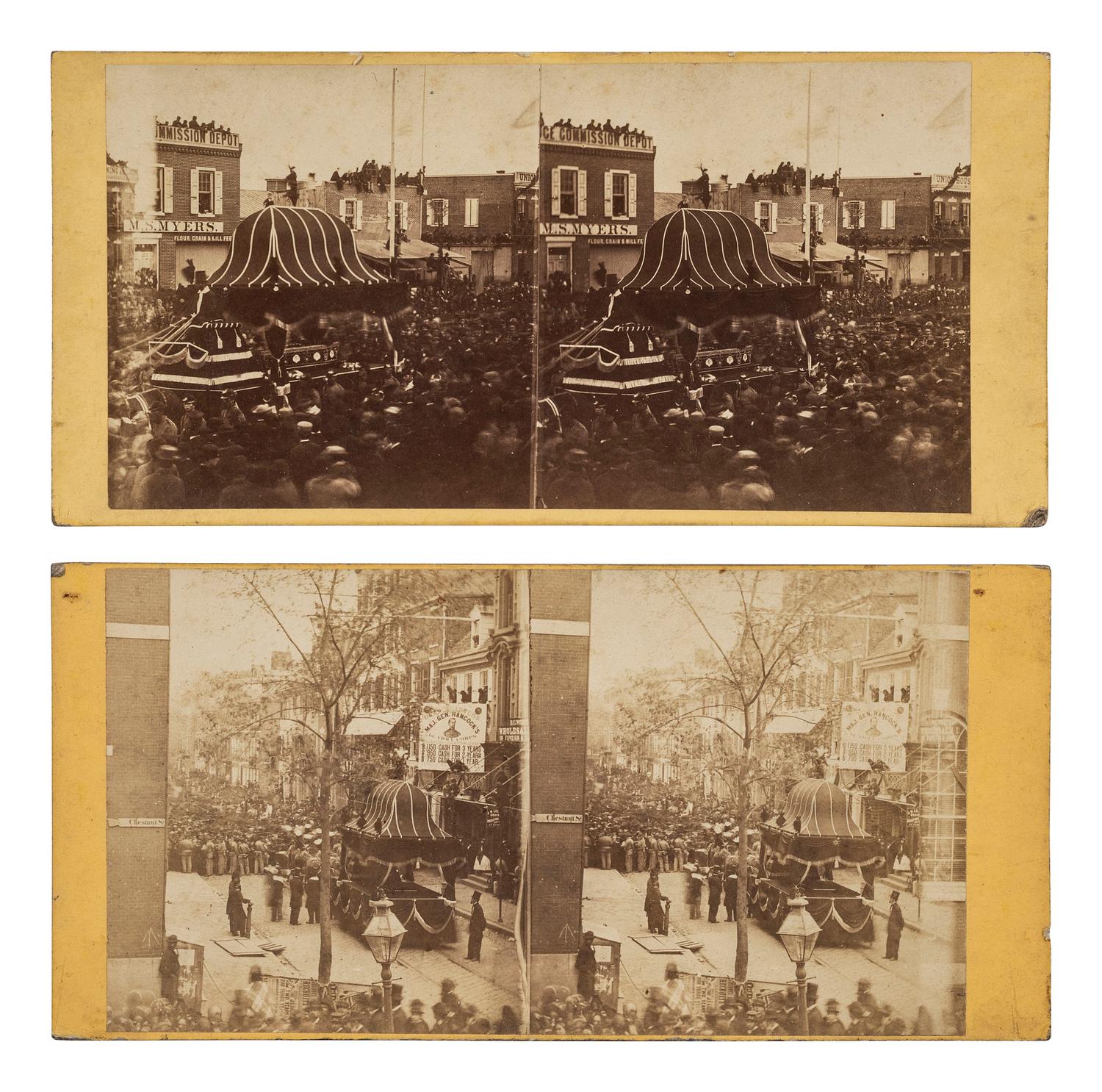 [LINCOLN, Abraham (1809-1865)]. A rare group of 5 stereoviews featuring the Lincoln funeral procession in Philadelphia. [Philadelphia, PA], [1865].