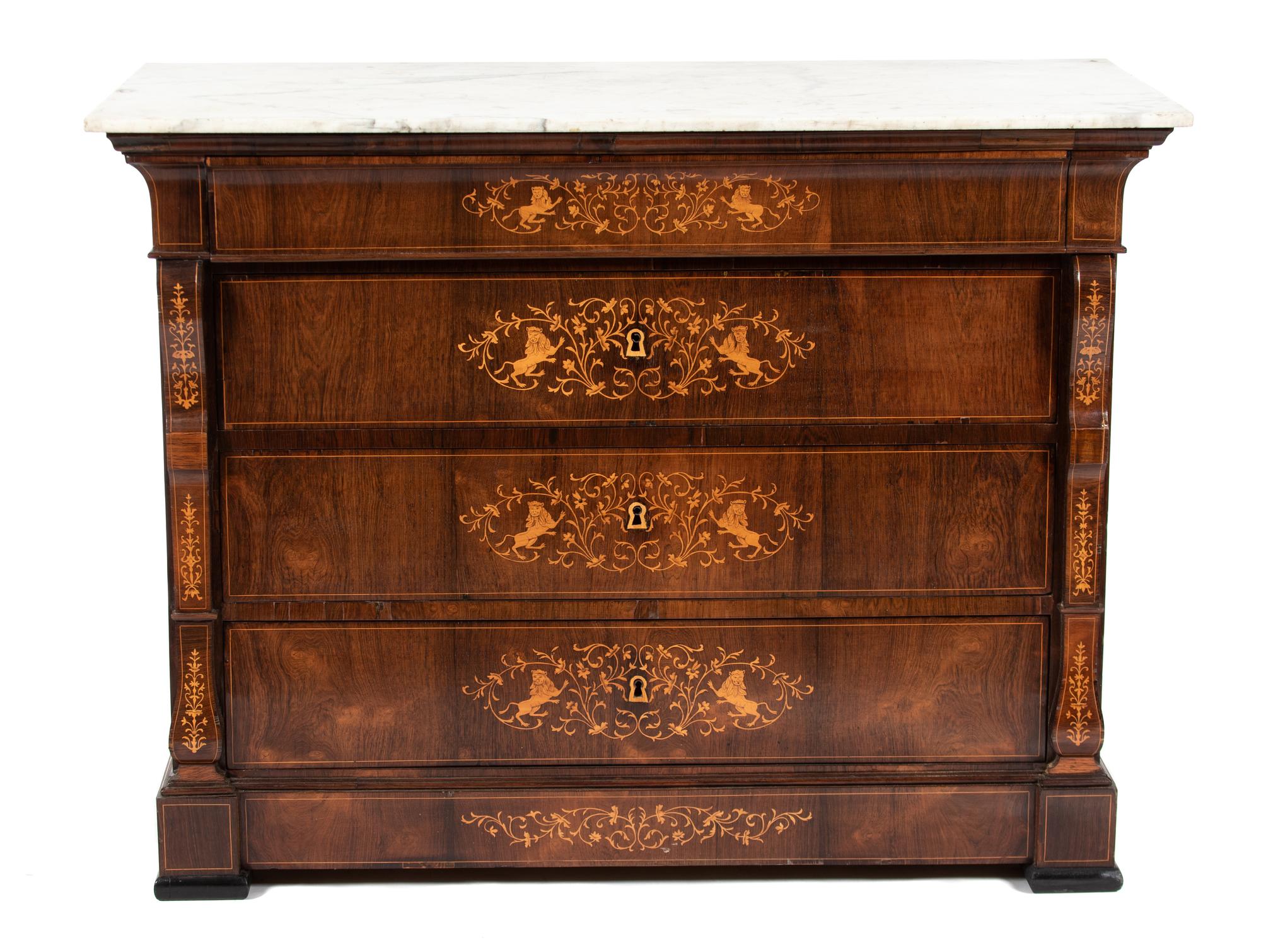 A Continental Marquetry Inlaid Mahogany Chest of Drawers — 19TH CENTURY