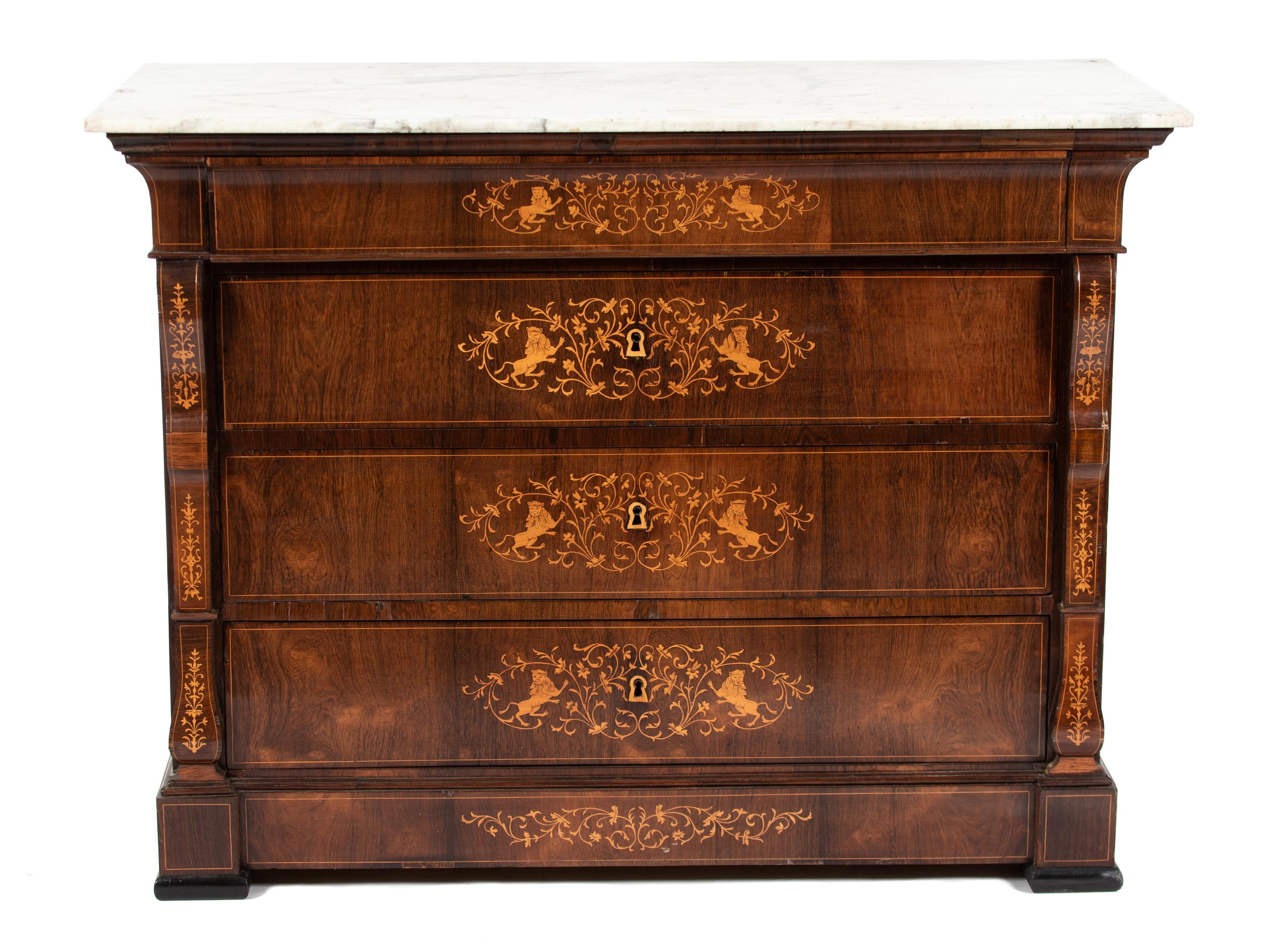 A Continental Marquetry Inlaid Mahogany Chest of Drawers — 19TH CENTURY