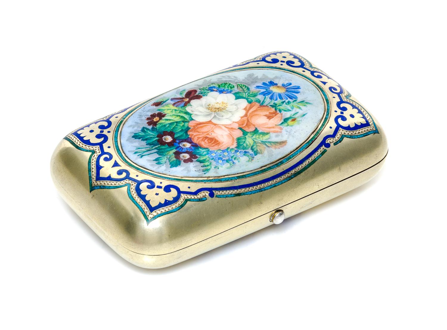 A Russian Silver-Gilt and En Plein Enamel Cigarette Case, Mark of Aleksandr Mukhin, assay mark obscured, Moscow, 1879, the lid centered