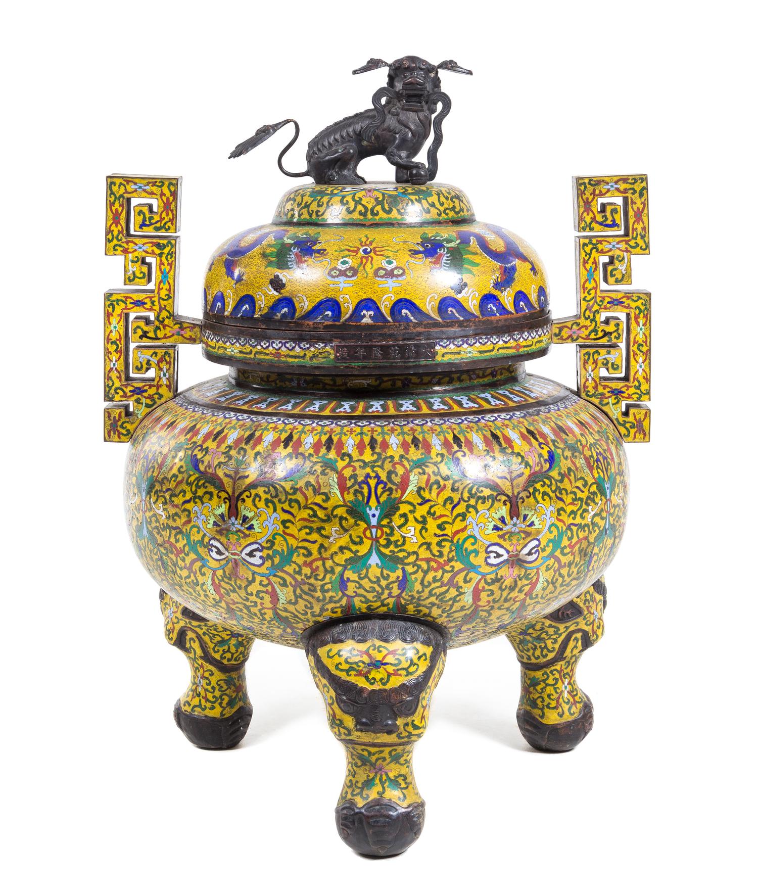 A Massive Cloisonne Enamel Incense Burner Height 39 inches.