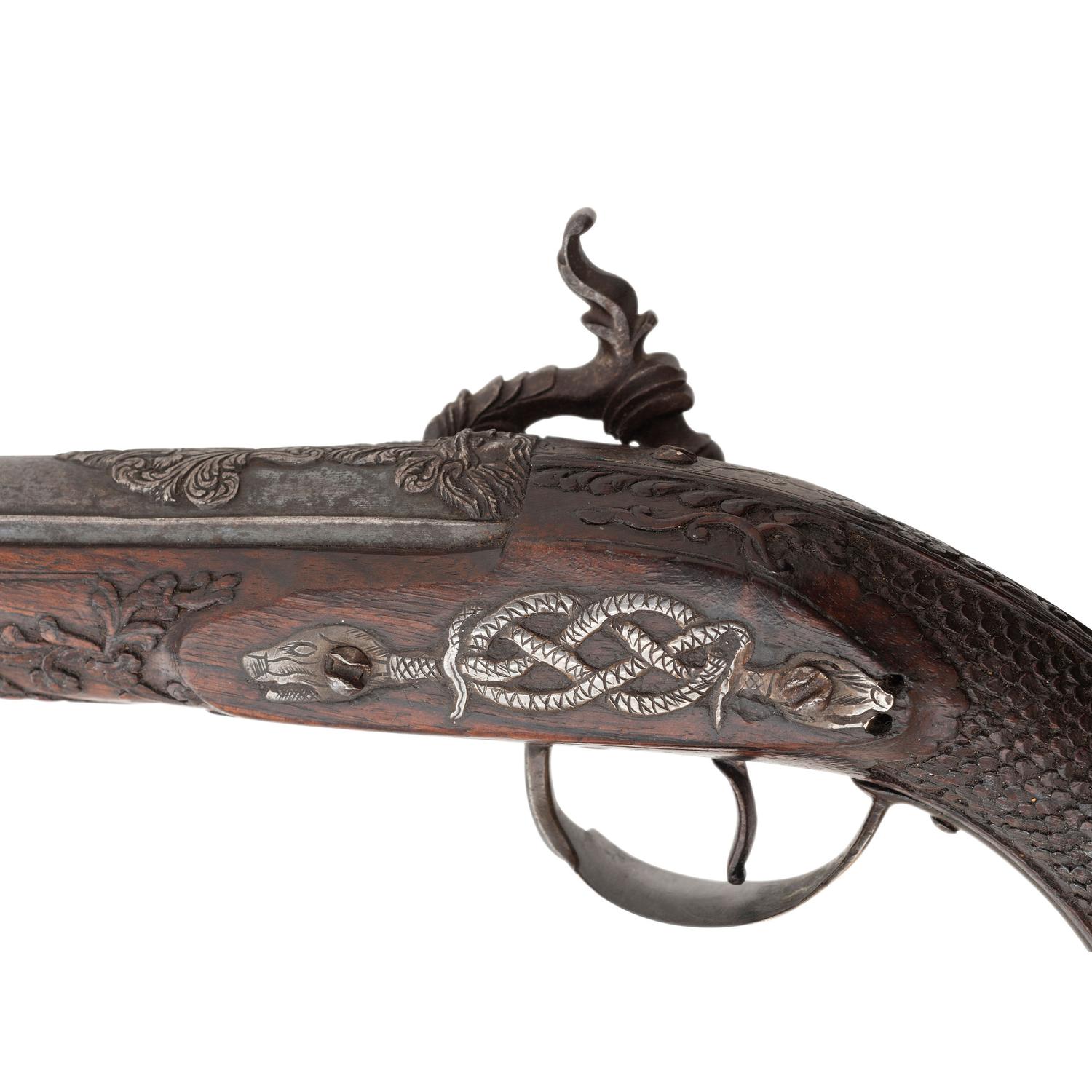 Fine Relief Carved Silver Mounted Spanish Percussion Miquelet Pistol Dated 1832