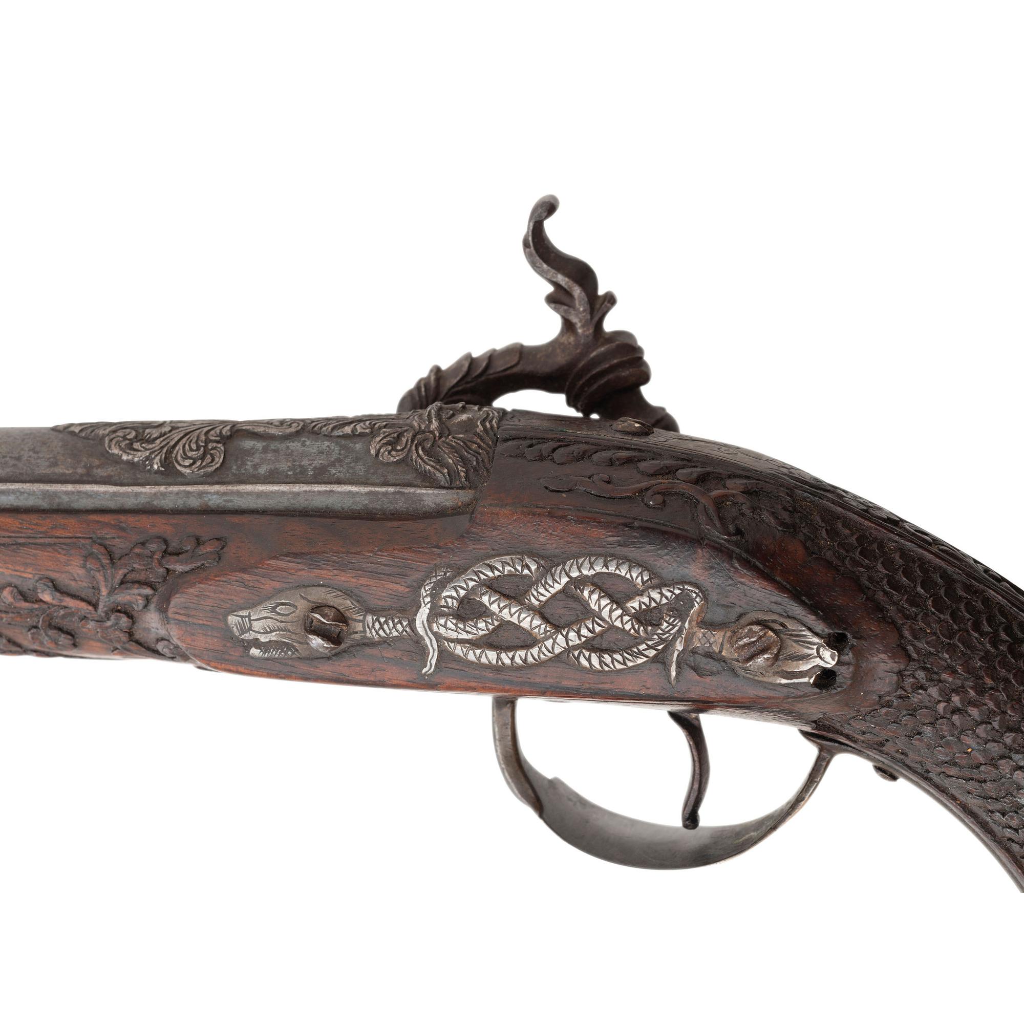 Fine Relief Carved Silver Mounted Spanish Percussion Miquelet Pistol Dated 1832