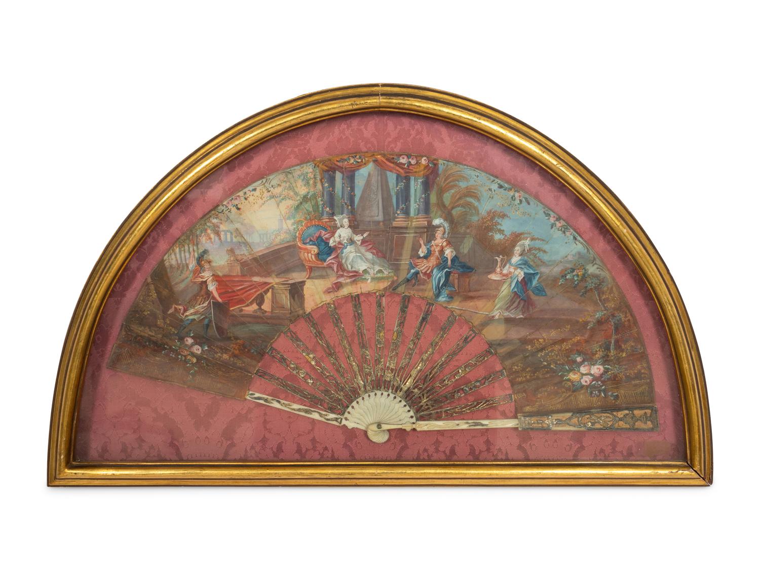A Framed French Gouache on Paper Fan