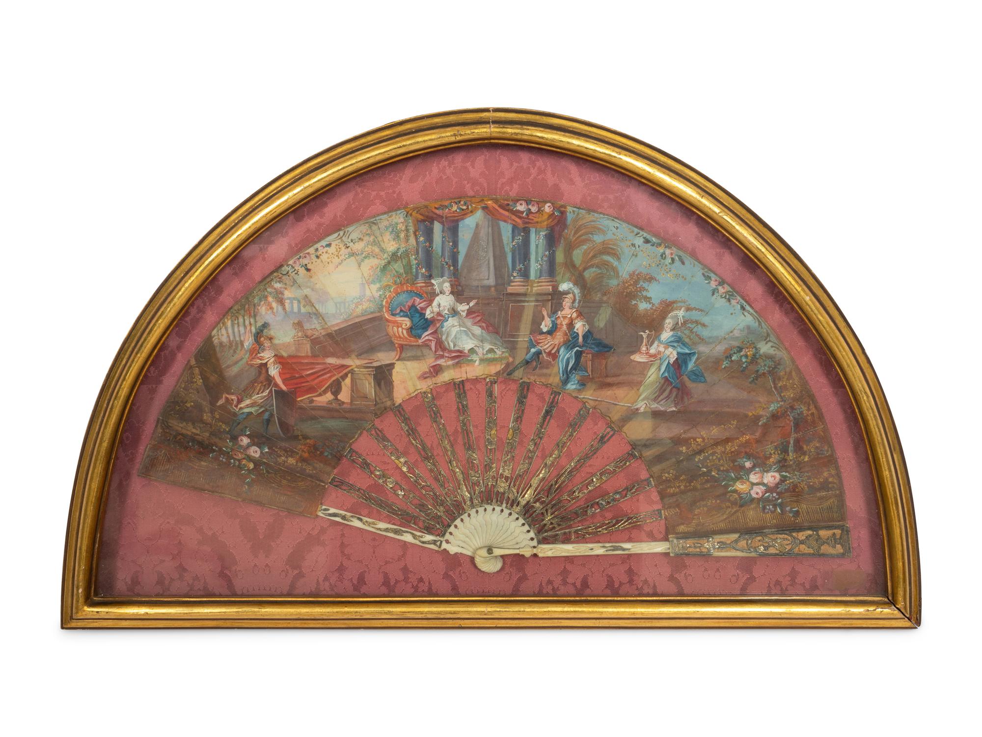 A Framed French Gouache on Paper Fan