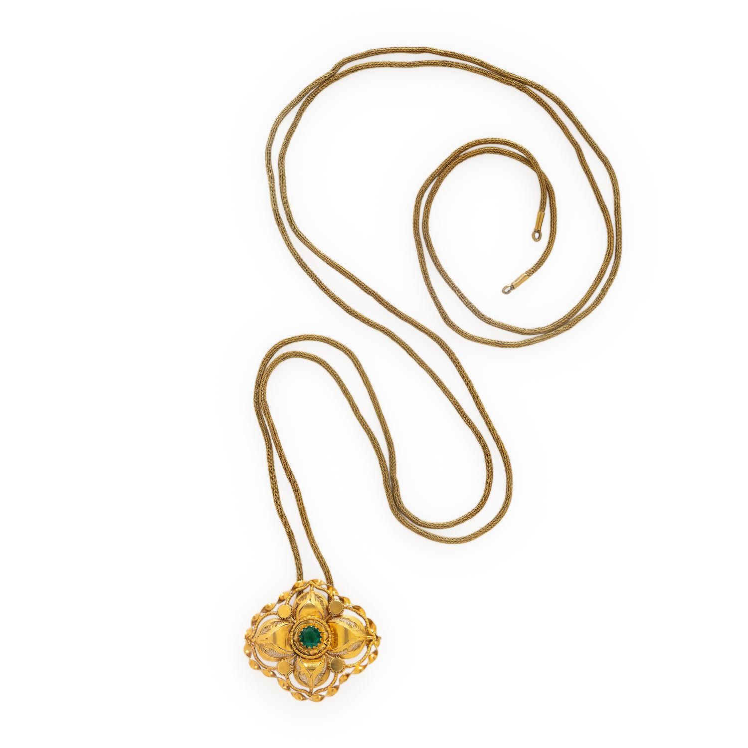 Yellow Gold and Green Glass Pollera Necklace