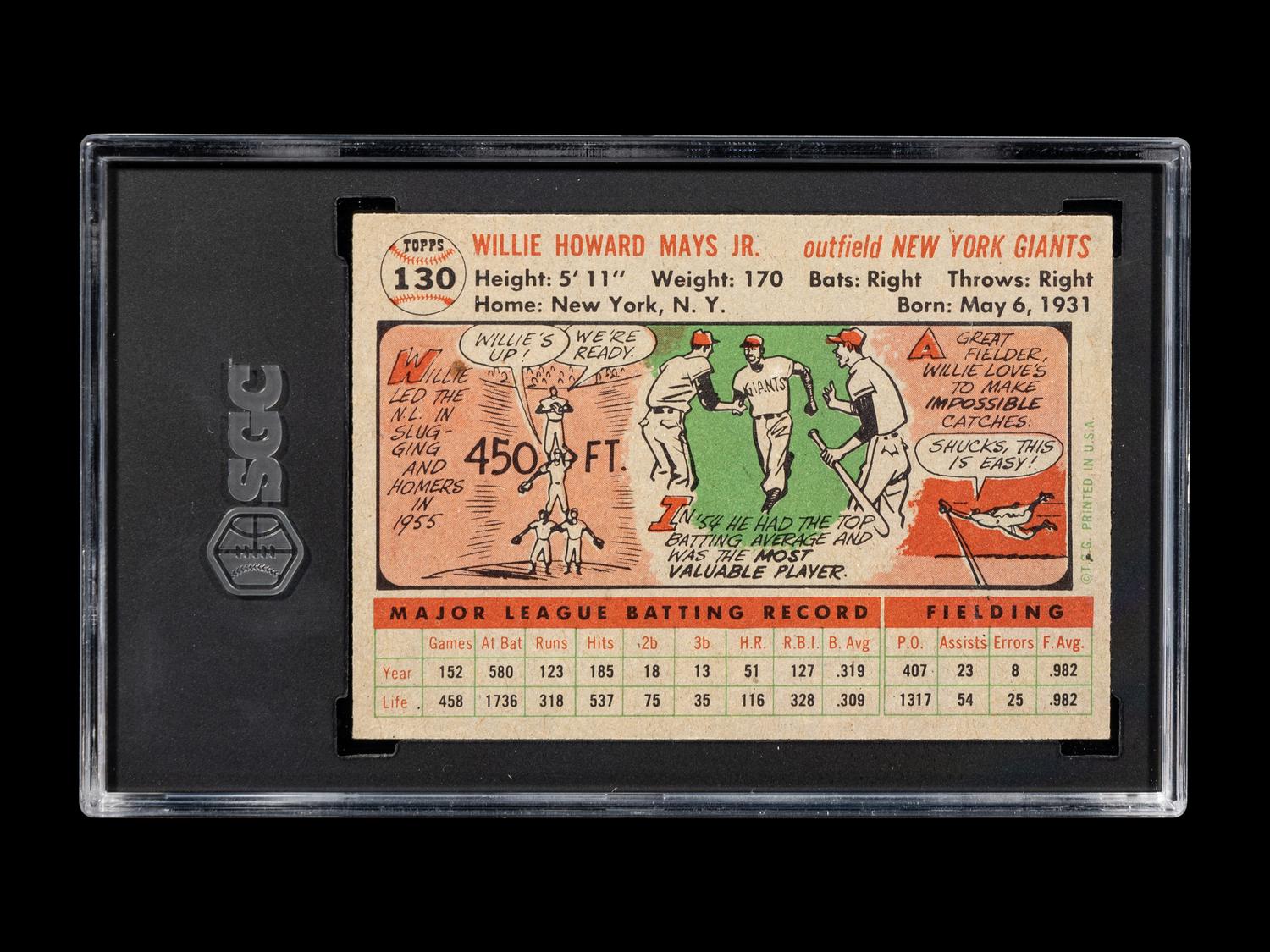 A 1956 Topps Willie Mays Gray Back Baseball Card No. 130 (SGC 5 EX)