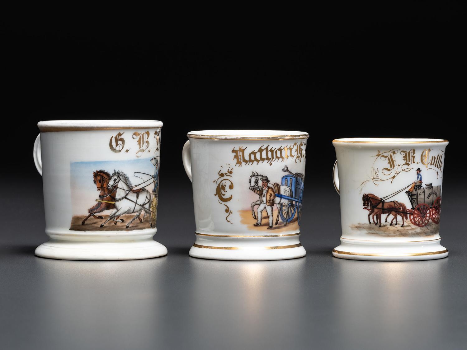 Three Horse-Drawn Delivery Wagon Porcelain Occupational Shaving Mugs