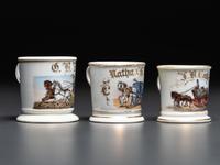 Three Horse-Drawn Delivery Wagon Porcelain Occupational Shaving Mugs