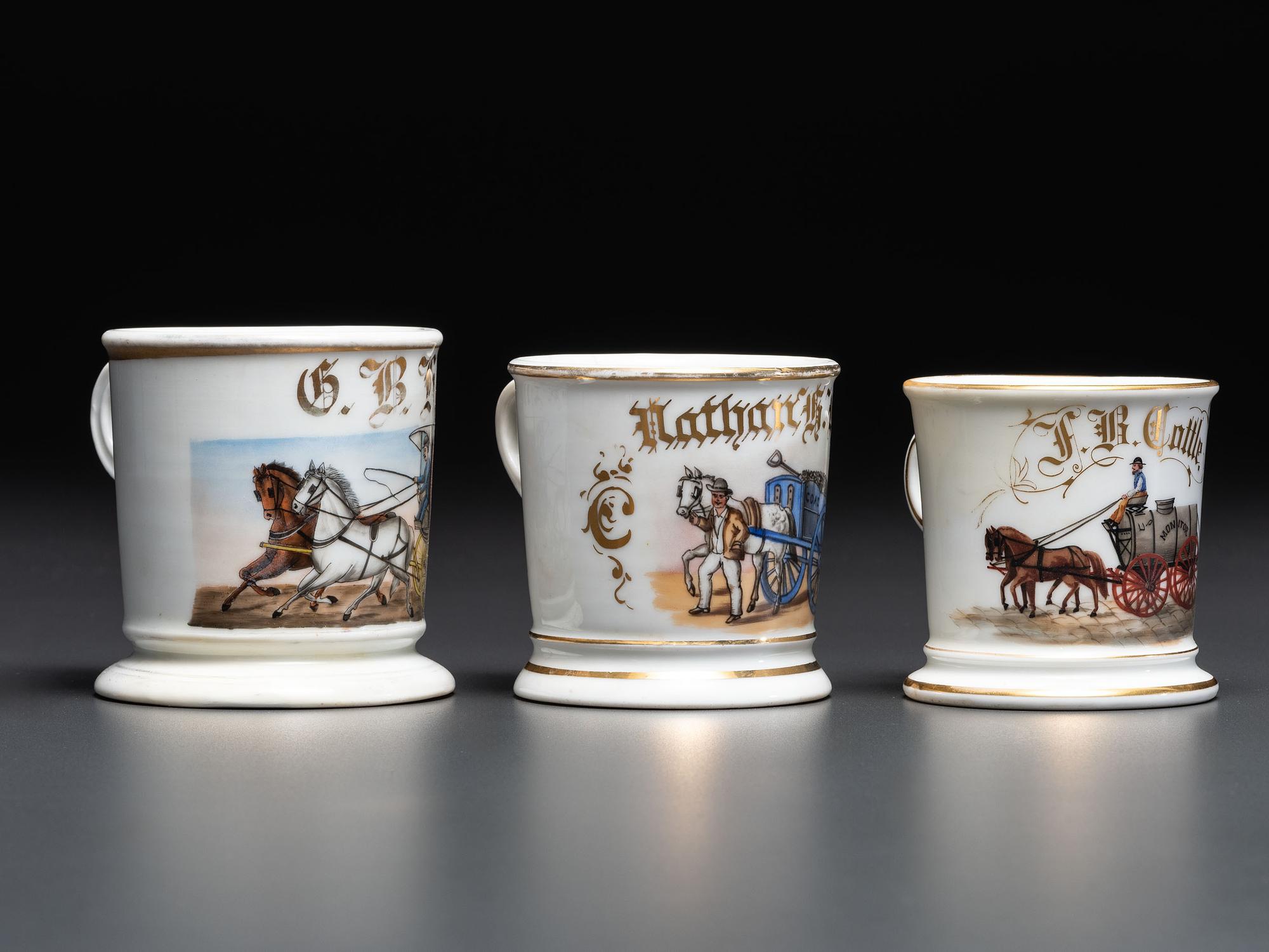 Three Horse-Drawn Delivery Wagon Porcelain Occupational Shaving Mugs