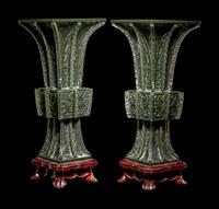 A Pair of Spinach Jade 'Taotie' Gu Vases
