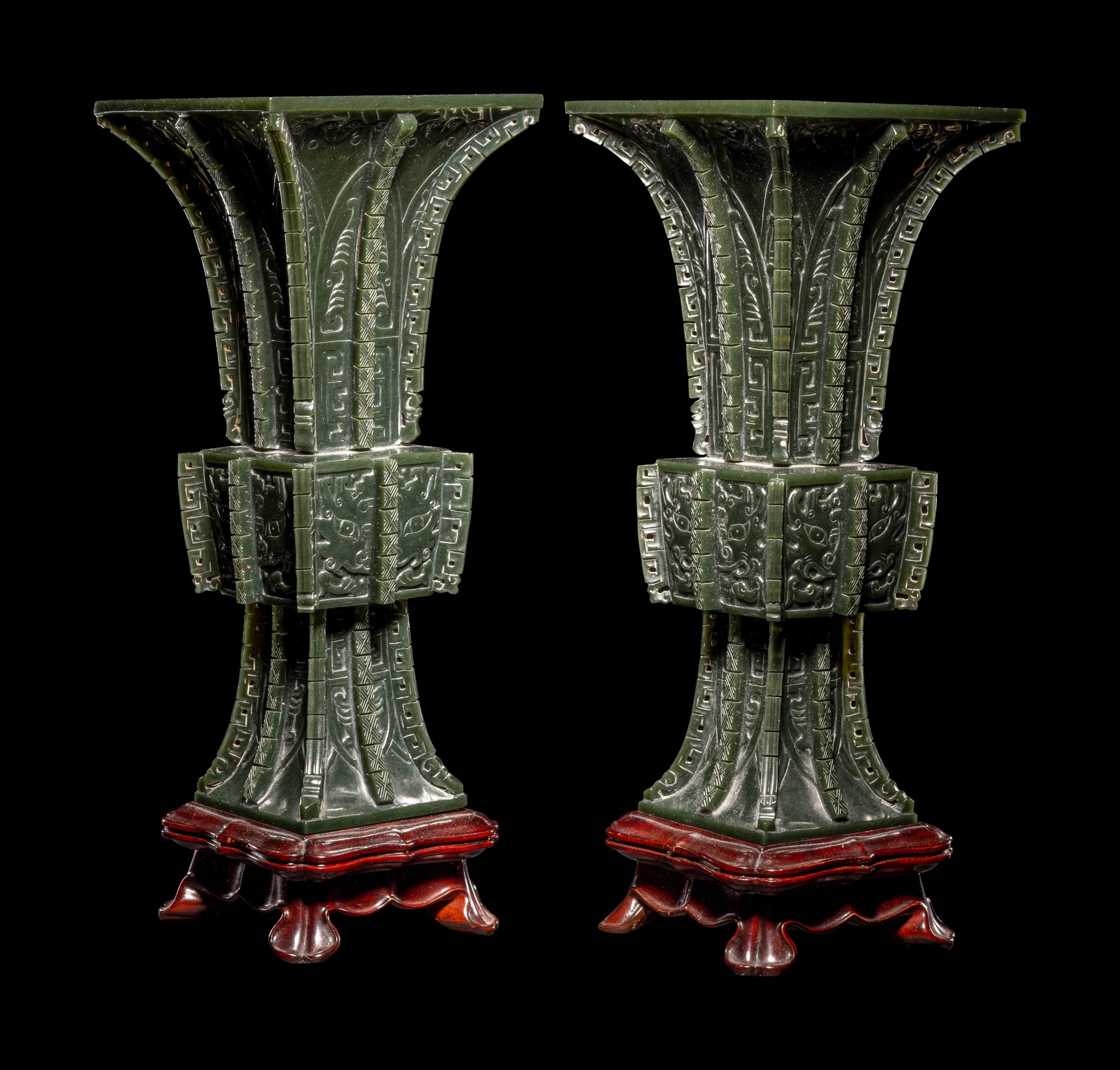 A Pair of Spinach Jade 'Taotie' Gu Vases