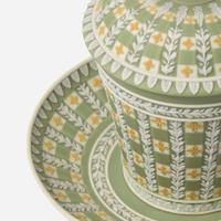 A Wedgwood Tricolor Diced Jasperware Lidded Chocolate Cup and Saucer UK, circa 1800