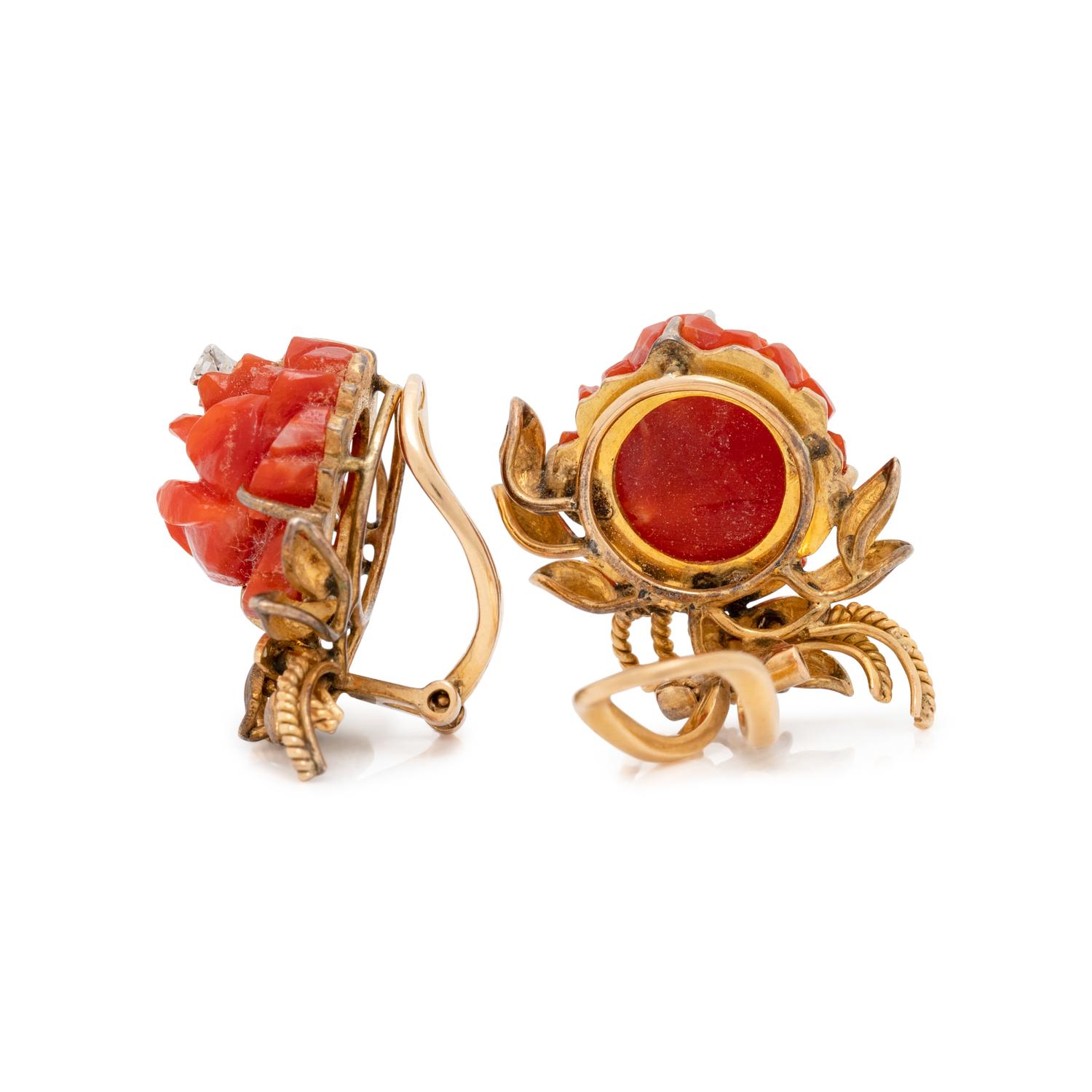 CORAL AND DIAMOND EARCLIPS
