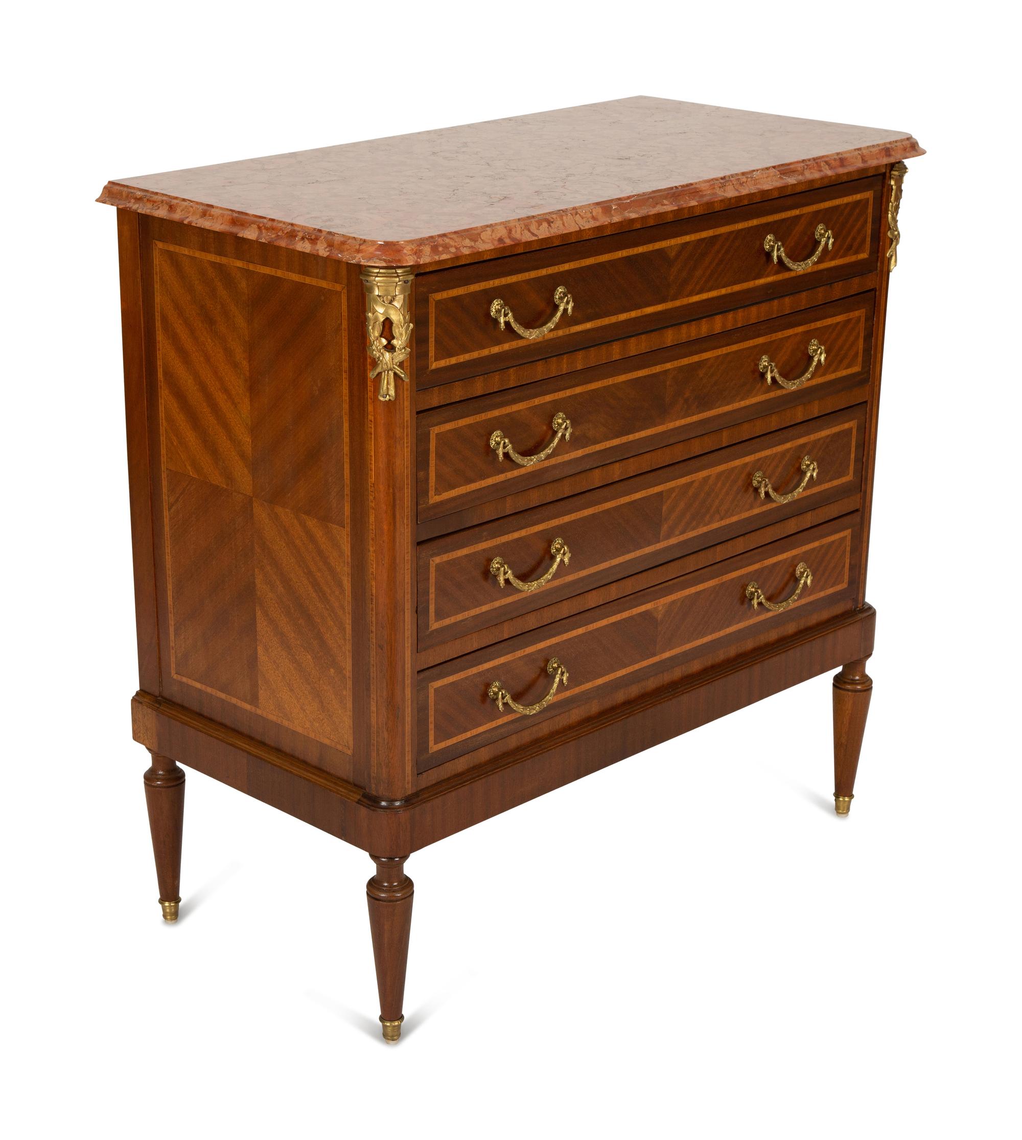 A Louis XVI Style Gilt Bronze Mounted Marble-Top Commode