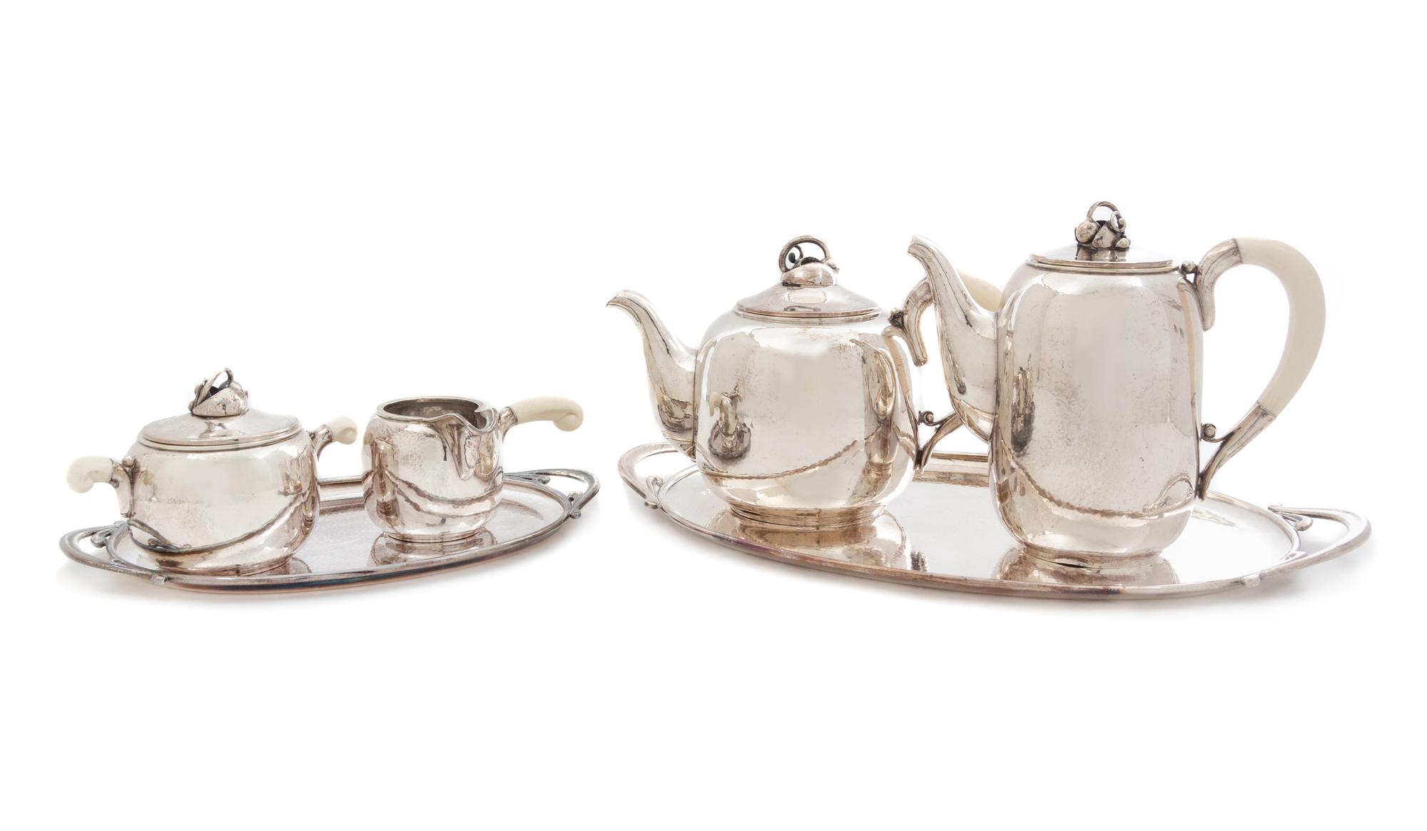 Coffee and Tea Service, c. 1945 Comprising Teapot Coffee Pot Covered Sugar Creamer Large Serving Tray Small Serving Tray