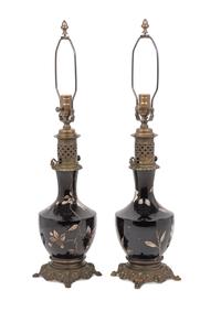 A Pair of French Enameled Porcelain Fluid Lamps Converted to Electricity