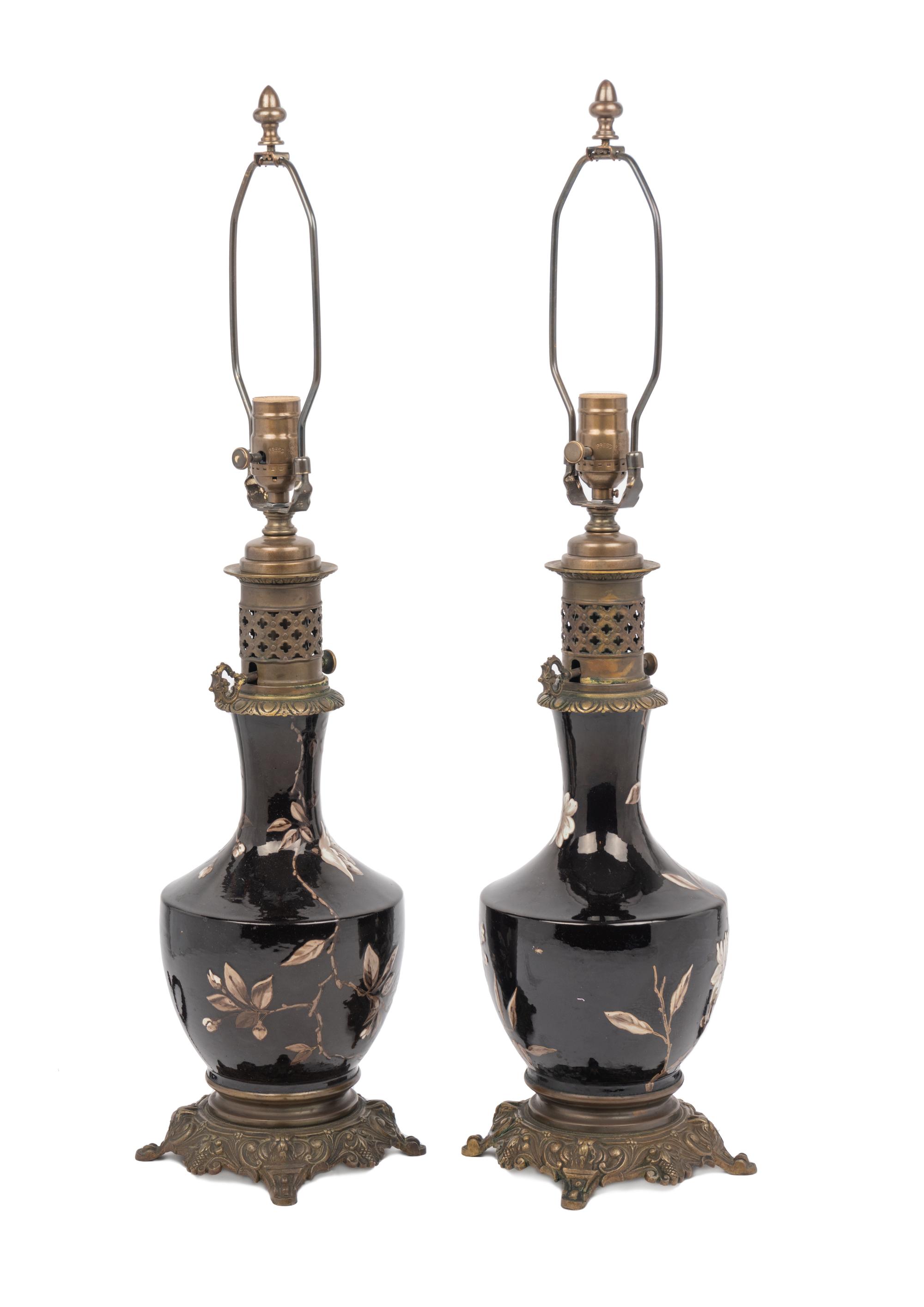 A Pair of French Enameled Porcelain Fluid Lamps Converted to Electricity