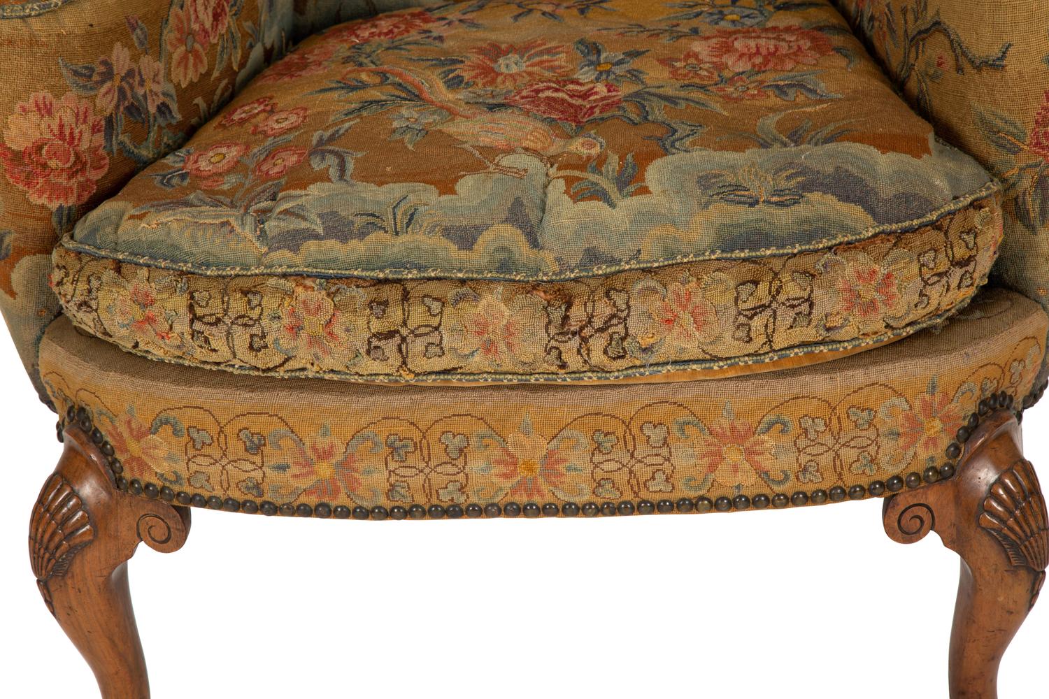 A George I Needlework Upholstered Walnut Wing Back Chair — 18th Century