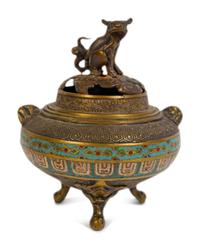A Japanese Bronze and Cloisonné Enamel Tripod Incense Burner