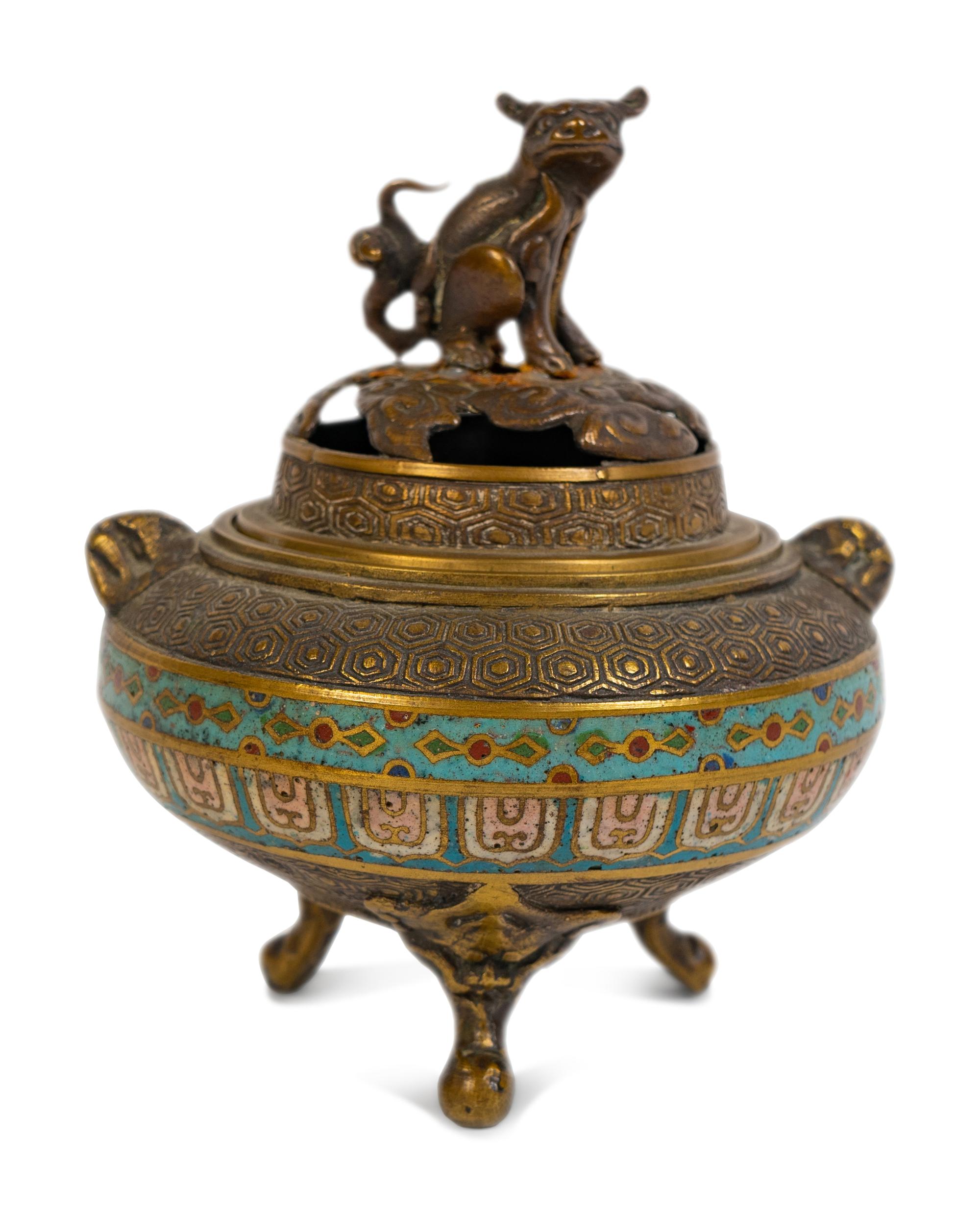 A Japanese Bronze and Cloisonné Enamel Tripod Incense Burner