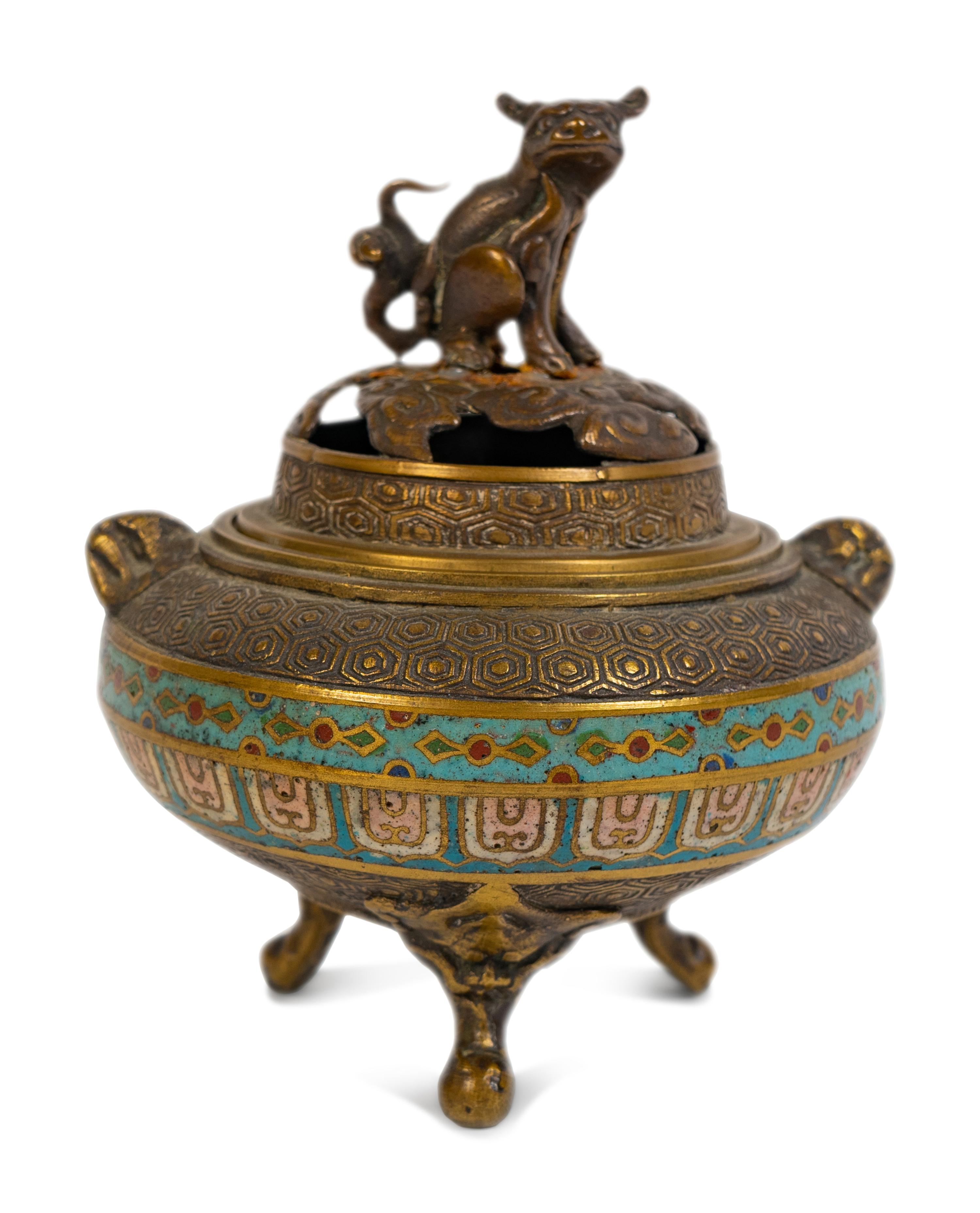 A Japanese Bronze and Cloisonné Enamel Tripod Incense Burner