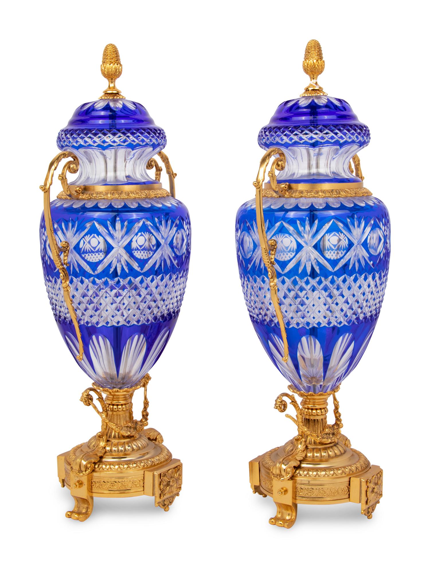 A Pair of Gilt Bronze Mounted Cobalt Blue Cut-to-Clear Glass Urns