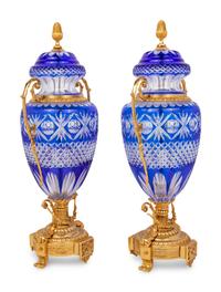 A Pair of Gilt Bronze Mounted Cobalt Blue Cut-to-Clear Glass Urns