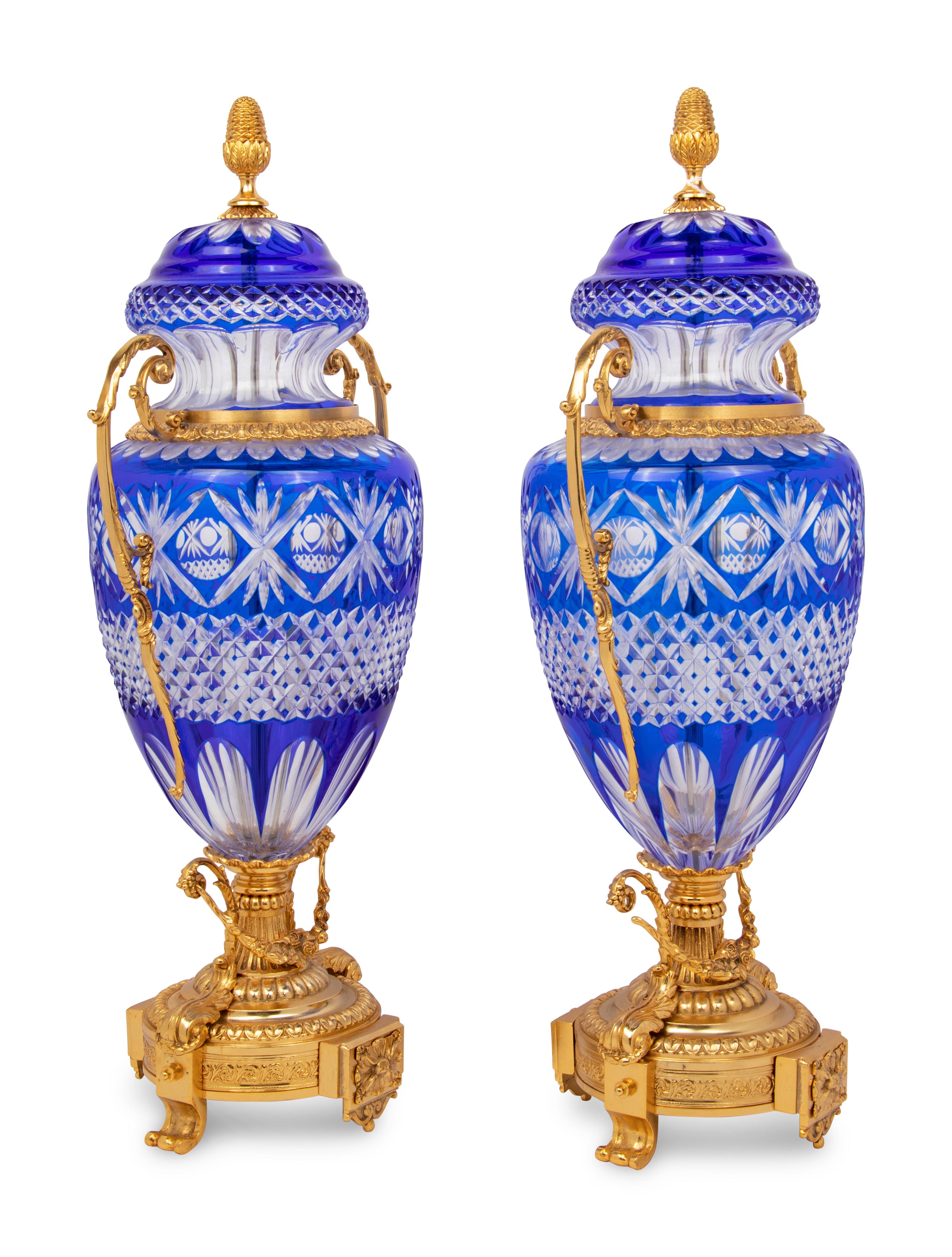 A Pair of Gilt Bronze Mounted Cobalt Blue Cut-to-Clear Glass Urns