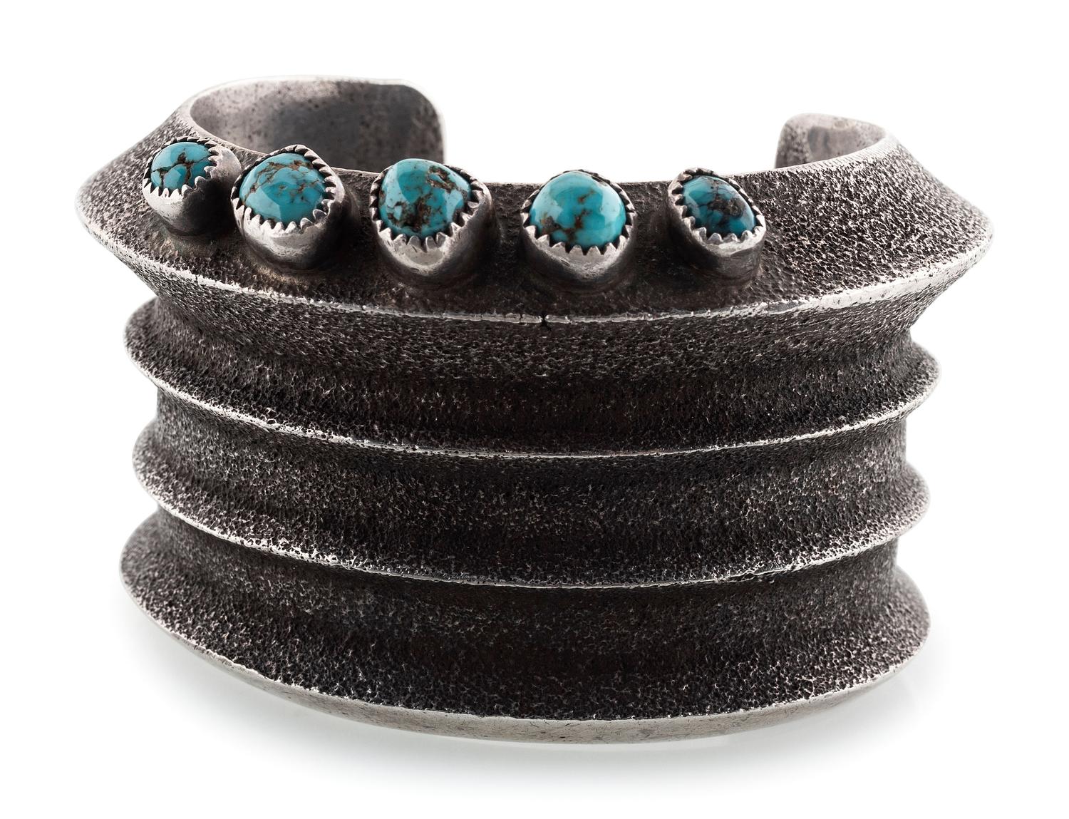 Navajo Heavy Tufa Cast Silver and Turquoise Cuff Bracelet