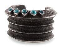 Navajo Heavy Tufa Cast Silver and Turquoise Cuff Bracelet