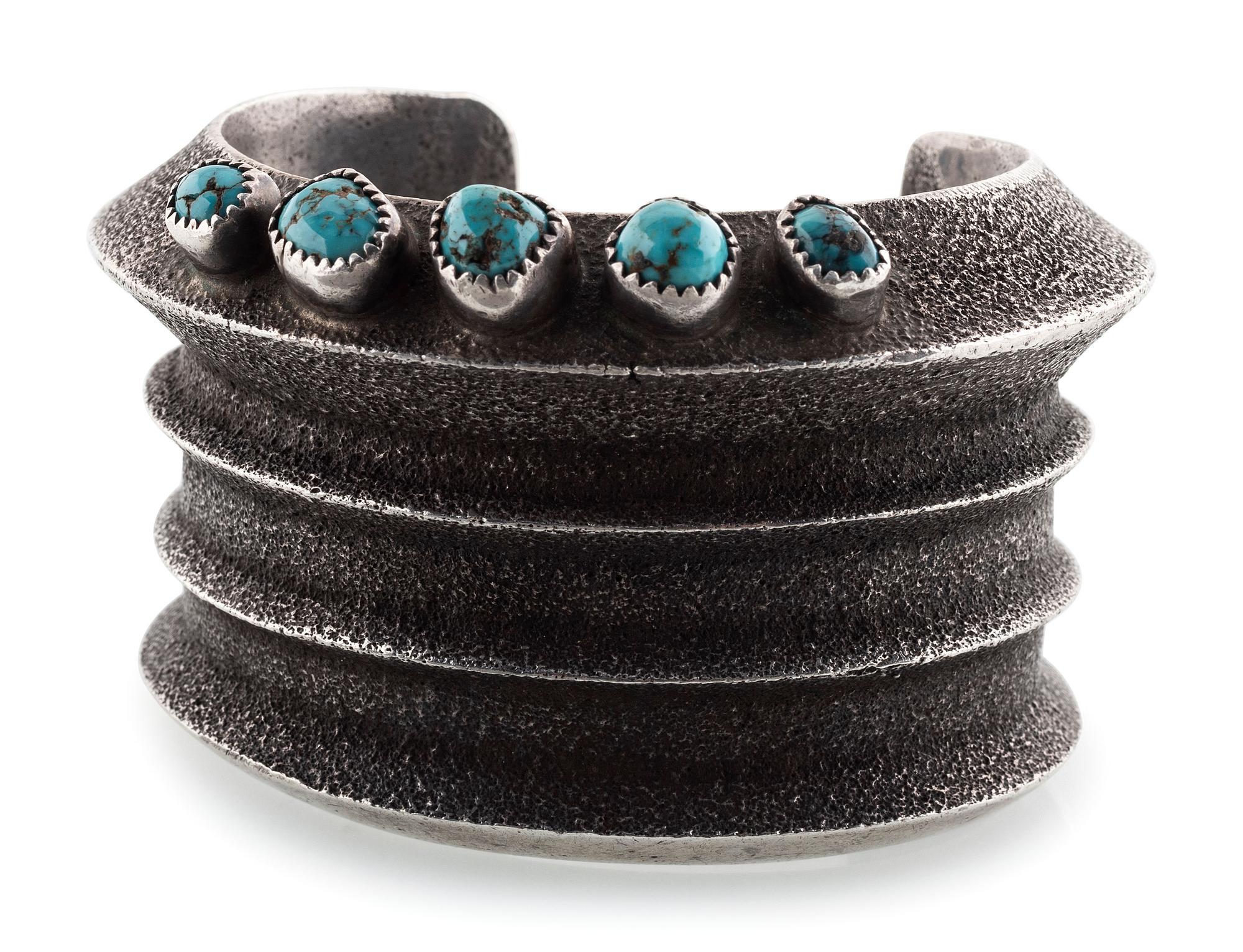 Navajo Heavy Tufa Cast Silver and Turquoise Cuff Bracelet
