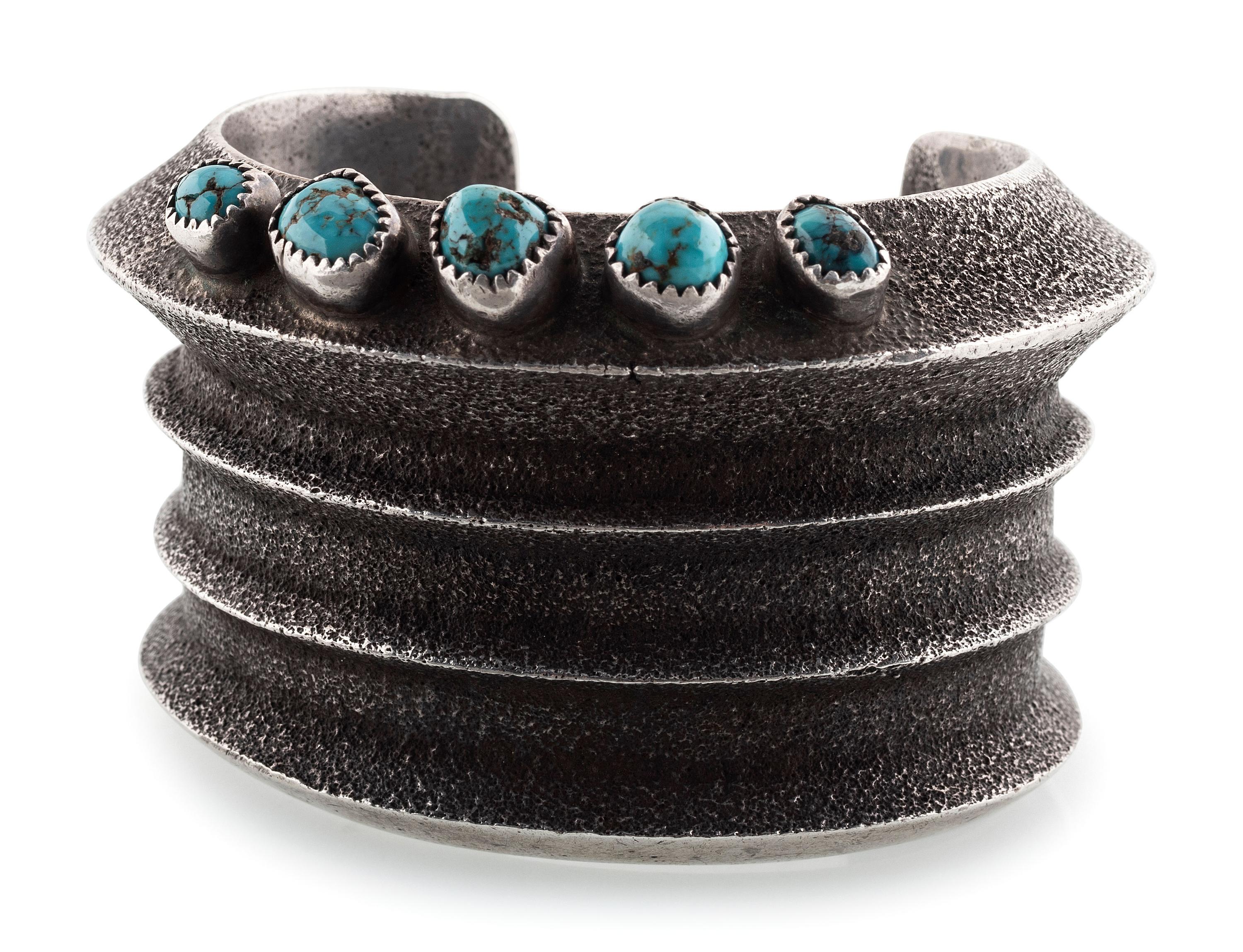 Navajo Heavy Tufa Cast Silver and Turquoise Cuff Bracelet