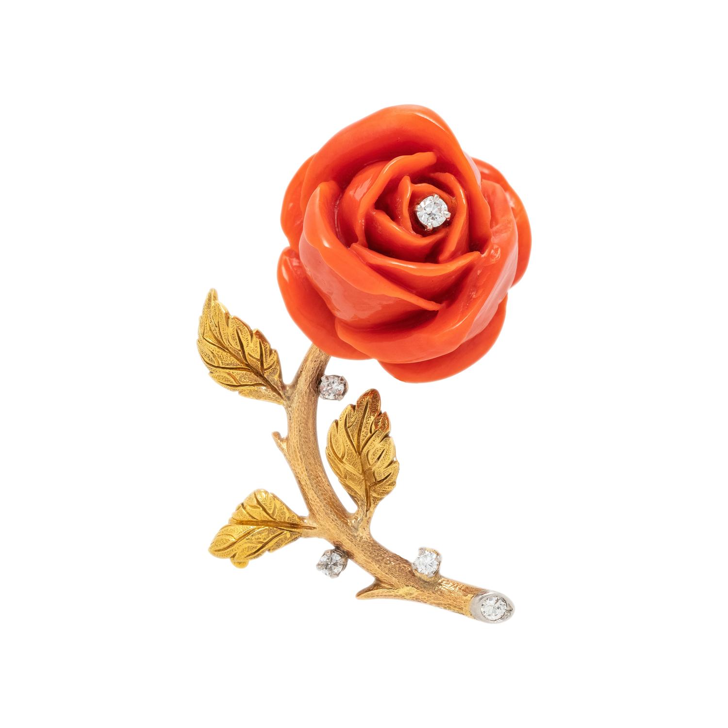 CORAL AND DIAMOND ROSE BROOCH