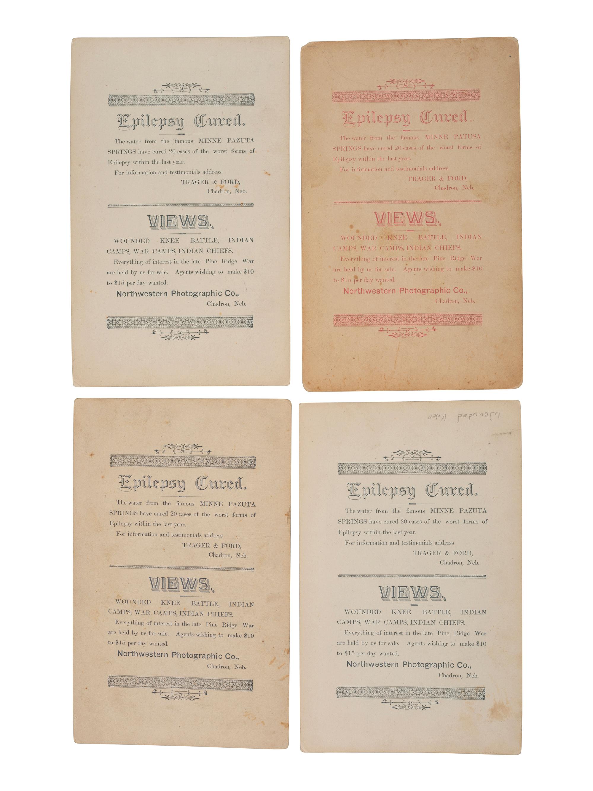[WOUNDED KNEE]. A group of 4 photographs of Stinking Bear, Hollow Wood, and Crazy Bear at Pine Ridge Agency. Ca 1890-1891.