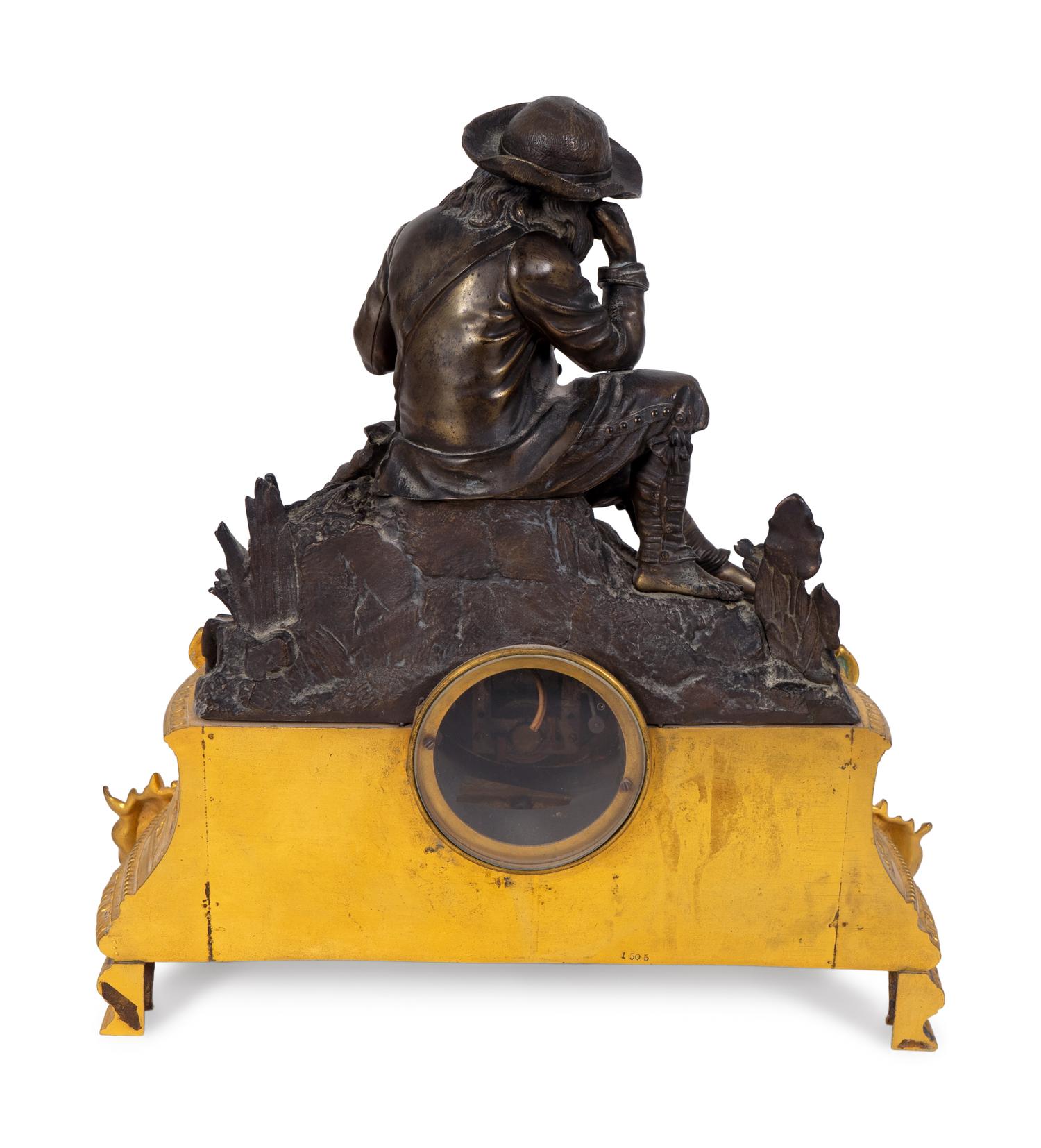 A French Parcel-Gilt, Patinated Bronze and Alabaster Figural Mantel Clock — 19TH CENTURY