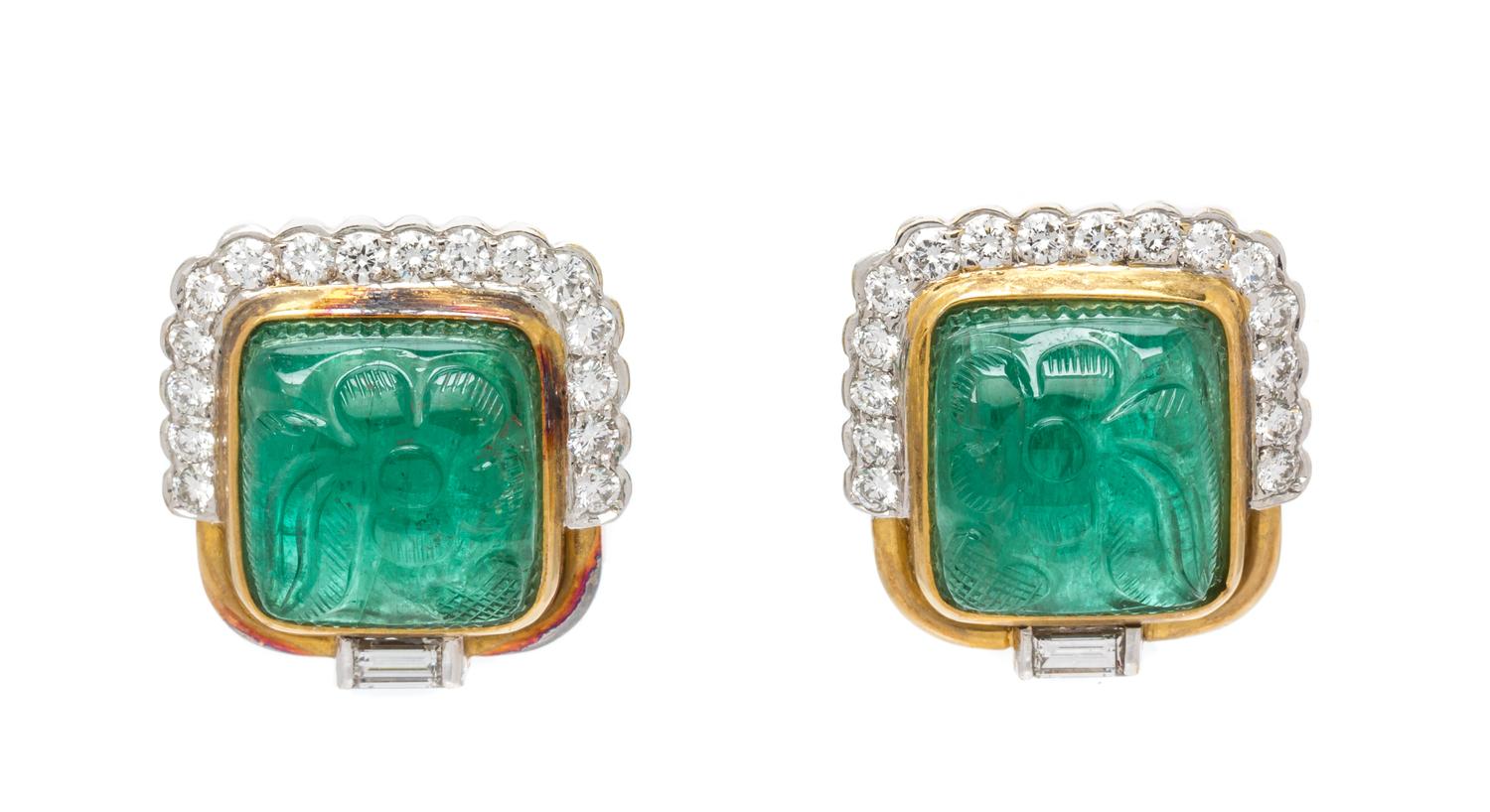 A Pair of 18 Karat Yellow Gold, Platinum, Carved Emerald and Diamond Earclips, Trio, 13.25 dwts.