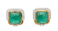 A Pair of 18 Karat Yellow Gold, Platinum, Carved Emerald and Diamond Earclips, Trio, 13.25 dwts.